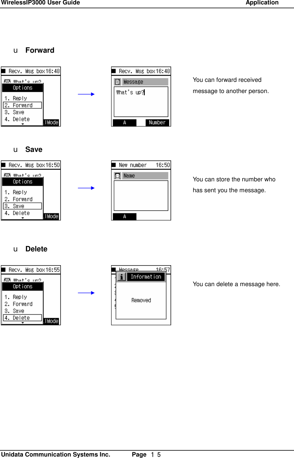 WirelessIP3000 User Guide                                                            Application   Unidata Communication Systems Inc.       Page  １５  u Forward         u Save         u Delete You can forward received message to another person. You can delete a message here. You can store the number who has sent you the message. 