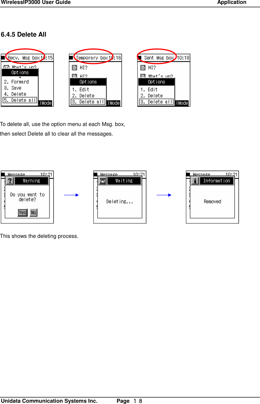 WirelessIP3000 User Guide                                                            Application   Unidata Communication Systems Inc.       Page  １８ 6.4.5 Delete All To delete all, use the option menu at each Msg. box, then select Delete all to clear all the messages. This shows the deleting process. 