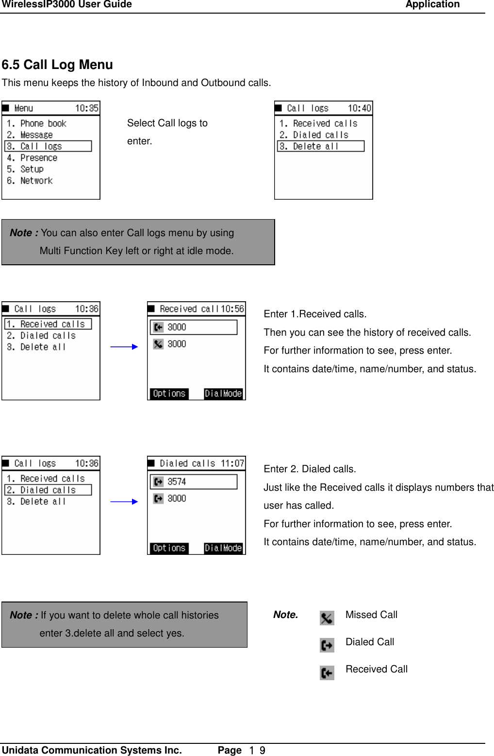 WirelessIP3000 User Guide                                                            Application   Unidata Communication Systems Inc.       Page  １９ 6.5 Call Log Menu This menu keeps the history of Inbound and Outbound calls.                              Select Call logs to enter. Enter 1.Received calls. Then you can see the history of received calls.  For further information to see, press enter.  It contains date/time, name/number, and status. Note : You can also enter Call logs menu by using        Multi Function Key left or right at idle mode. Enter 2. Dialed calls. Just like the Received calls it displays numbers that user has called. For further information to see, press enter.  It contains date/time, name/number, and status. Missed Call Dialed Call Received Call Note. Note : If you want to delete whole call histories enter 3.delete all and select yes. 