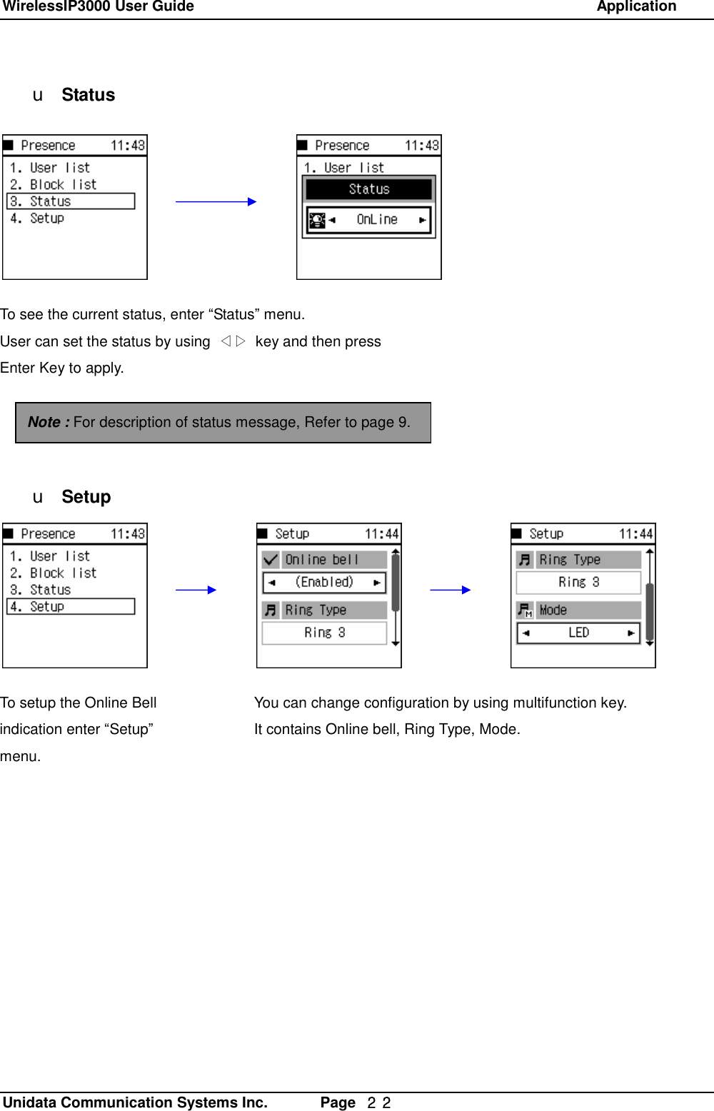 WirelessIP3000 User Guide                                                            Application   Unidata Communication Systems Inc.       Page  ２２ u Status               u SetupTo see the current status, enter &ldquo;Status&rdquo; menu. User can set the status by using  ◁▷ key and then press  Enter Key to apply. Note : For description of status message, Refer to page 9.  To setup the Online Bell indication enter &ldquo;Setup&rdquo; menu. You can change configuration by using multifunction key. It contains Online bell, Ring Type, Mode. 