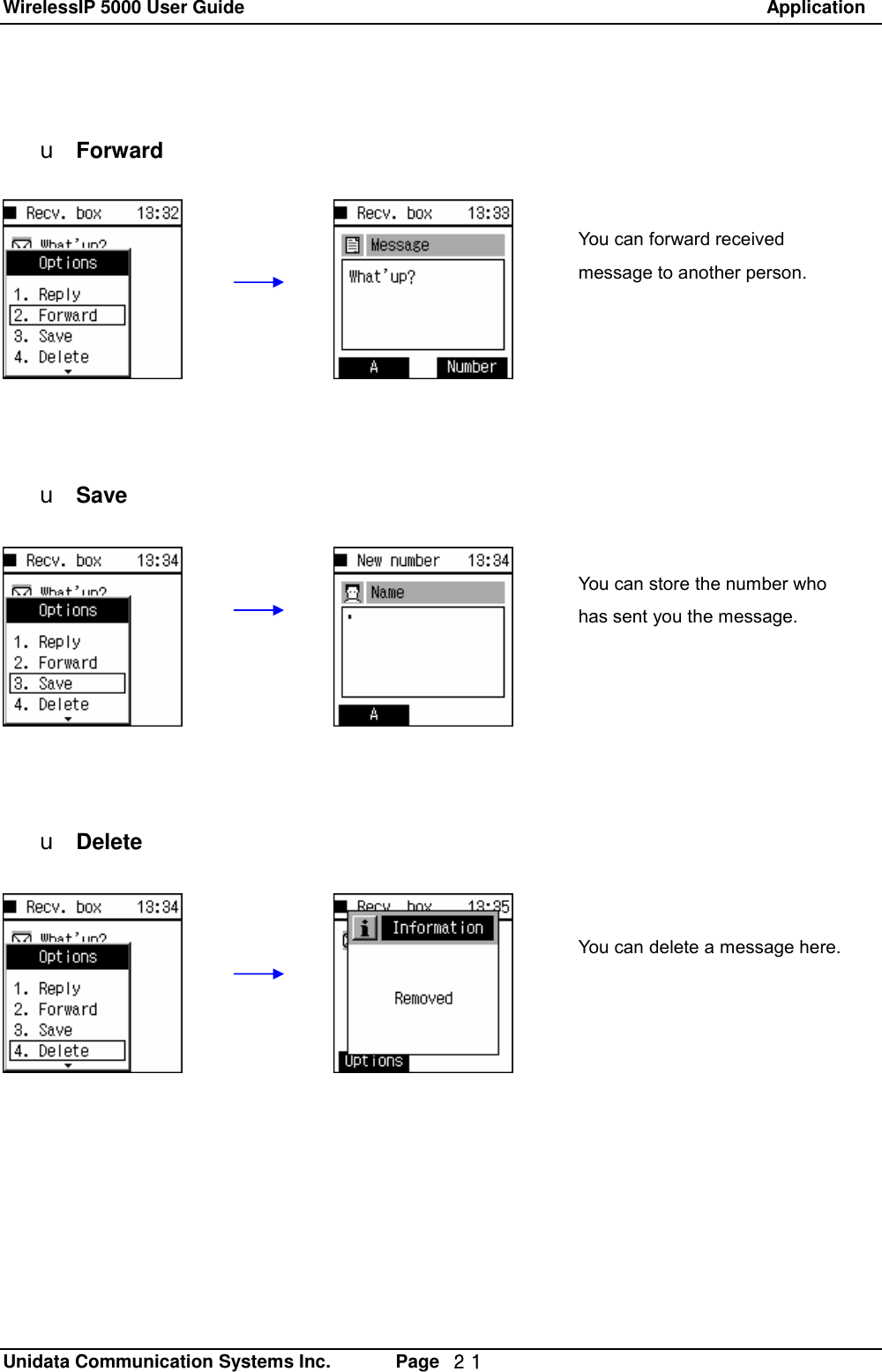 WirelessIP 5000 User Guide                                                               Application   Unidata Communication Systems Inc.       Page  ２１  u Forward     u Save     u Delete You can forward received message to another person. You can delete a message here. You can store the number who has sent you the message. 