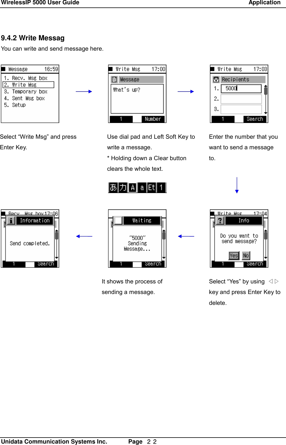 WirelessIP 5000 User Guide                                                               Application   Unidata Communication Systems Inc.       Page  ２２ 9.4.2 Write Messag You can write and send message here.Select &ldquo;Write Msg&rdquo; and press Enter Key.    Use dial pad and Left Soft Key to write a message. * Holding down a Clear button clears the whole text.   Enter the number that you want to send a message to.  Select &ldquo;Yes&rdquo; by using  ◁▷ key and press Enter Key to delete.  It shows the process of sending a message.  