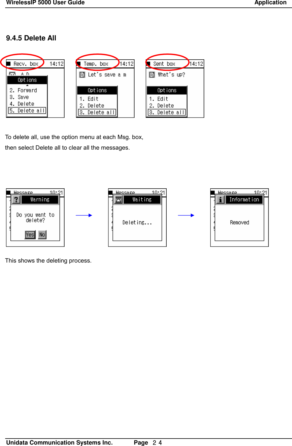 WirelessIP 5000 User Guide                                                               Application   Unidata Communication Systems Inc.       Page  ２４ 9.4.5 Delete All To delete all, use the option menu at each Msg. box, then select Delete all to clear all the messages. This shows the deleting process. 