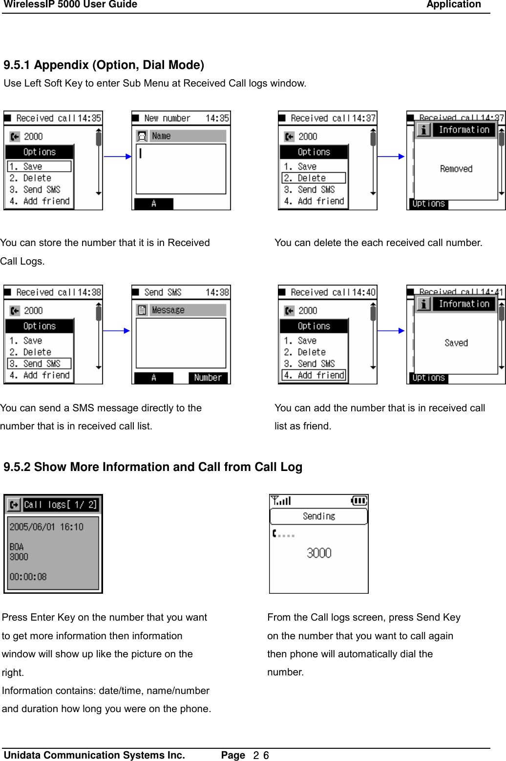 WirelessIP 5000 User Guide                                                               Application   Unidata Communication Systems Inc.       Page  ２６ 9.5.1 Appendix (Option, Dial Mode)  Use Left Soft Key to enter Sub Menu at Received Call logs window.          9.5.2 Show More Information and Call from Call LogYou can store the number that it is in Received Call Logs. You can delete the each received call number. You can send a SMS message directly to the number that is in received call list. You can add the number that is in received call list as friend. Press Enter Key on the number that you want to get more information then information window will show up like the picture on the right. Information contains: date/time, name/number and duration how long you were on the phone. From the Call logs screen, press Send Key on the number that you want to call again then phone will automatically dial the number. 
