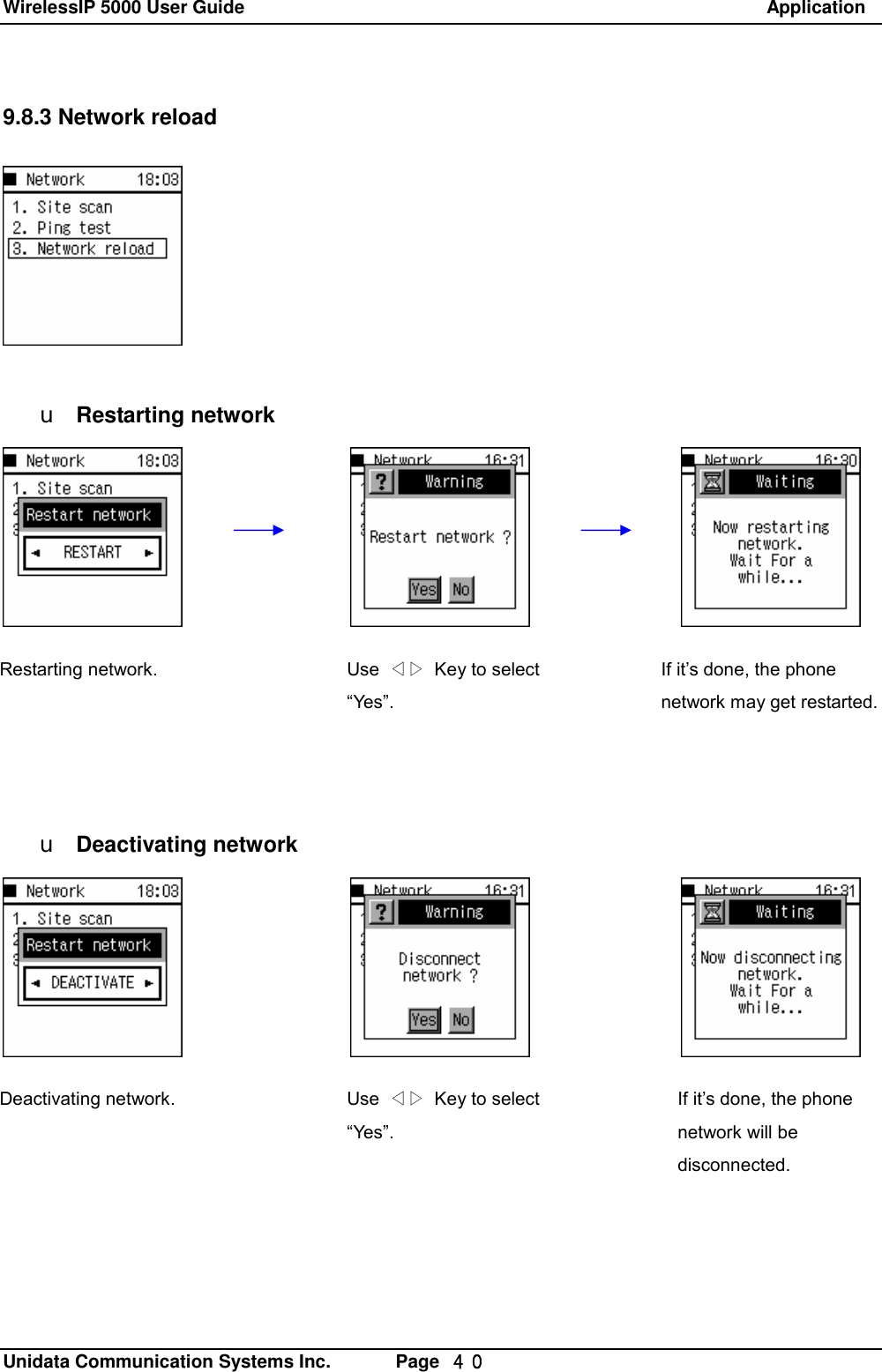 WirelessIP 5000 User Guide                                                               Application   Unidata Communication Systems Inc.       Page  ４０ 9.8.3 Network reload         u Restarting network             u Deactivating network             Restarting network.  Use  ◁▷ Key to select &ldquo;Yes&rdquo;. If it&rsquo;s done, the phone network may get restarted. Deactivating network.  Use  ◁▷ Key to select &ldquo;Yes&rdquo;.   If it&rsquo;s done, the phone network will be disconnected. 