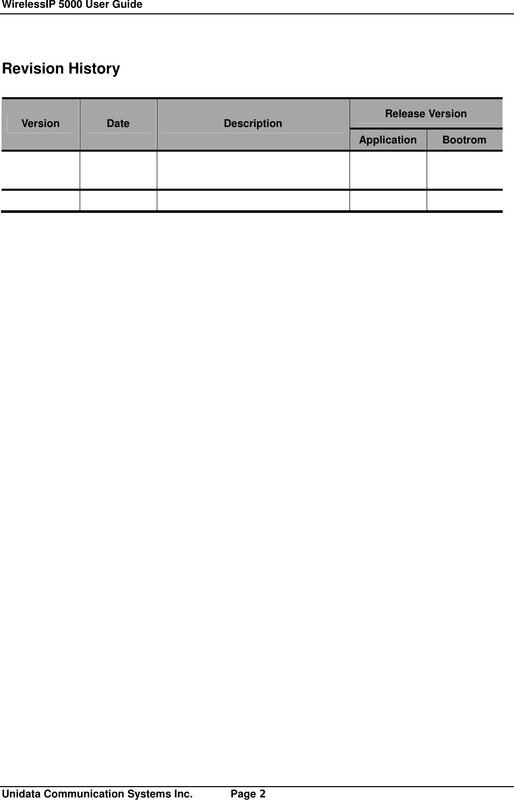 WirelessIP 5000 User Guide                                                             Unidata Communication Systems Inc.       Page 2 Revision History  Release Version Version  Date  Description Application Bootrom                                   