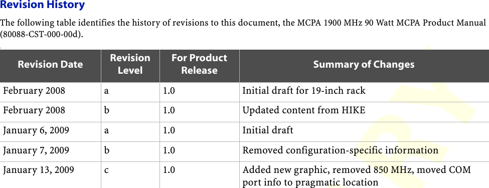 Revision HistoryThe following table identifies the history of revisions to this document, the MCPA 1900 MHz 90 Watt MCPA Product Manual (80088-CST-000-00d).1.Revision Date Revision LevelFor Product Release Summary of ChangesFebruary 2008 a 1.0 Initial draft for 19-inch rackFebruary 2008 b 1.0 Updated content from HIKEJanuary 6, 2009 a 1.0 Initial draftJanuary 7, 2009 b 1.0 Removed configuration-specific informationJanuary 13, 2009 c 1.0 Added new graphic, removed 850 MHz, moved COM port info to pragmatic location