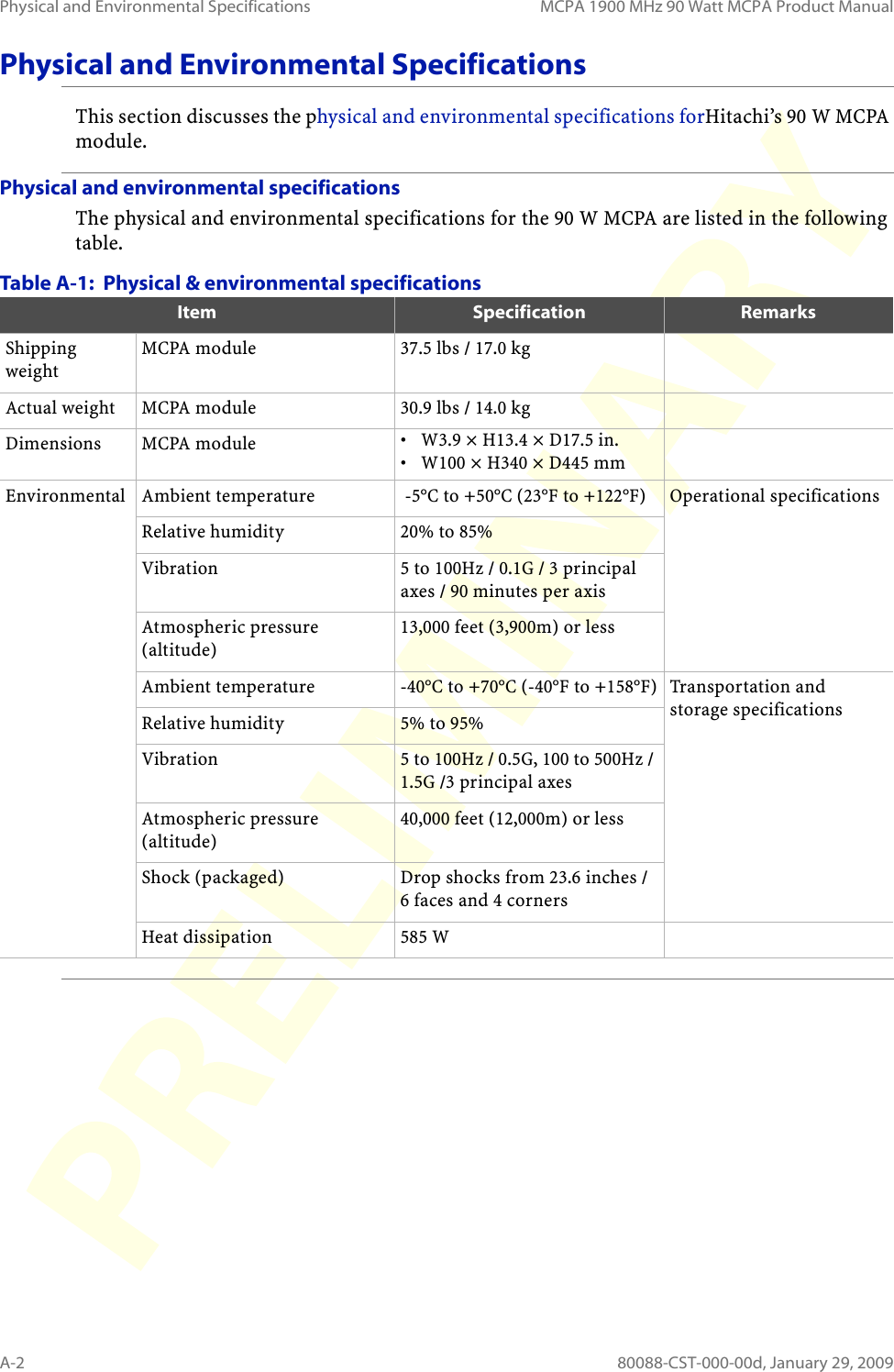 Physical and Environmental Specifications MCPA 1900 MHz 90 Watt MCPA Product ManualA-2 80088-CST-000-00d, January 29, 2009Physical and Environmental SpecificationsThis section discusses the physical and environmental specifications forHitachi’s 90 W MCPA module.Physical and environmental specificationsThe physical and environmental specifications for the 90 W MCPA are listed in the following table. Table A-1:  Physical &amp; environmental specifications  Item Specification RemarksShipping weightMCPA module 37.5 lbs / 17.0 kgActual weight MCPA module 30.9 lbs / 14.0 kgDimensions MCPA module  • W3.9 × H13.4 × D17.5 in.• W100 × H340 × D445 mm Environmental Ambient temperature  -5°C to +50°C (23°F to +122°F) Operational specificationsRelative humidity 20% to 85% Vibration 5 to 100Hz / 0.1G / 3 principal axes / 90 minutes per axisAtmospheric pressure (altitude) 13,000 feet (3,900m) or lessAmbient temperature  -40°C to +70°C (-40°F to +158°F) Transportation and storage specificationsRelative humidity 5% to 95% Vibration  5 to 100Hz / 0.5G, 100 to 500Hz / 1.5G /3 principal axesAtmospheric pressure (altitude) 40,000 feet (12,000m) or lessShock (packaged)  Drop shocks from 23.6 inches / 6 faces and 4 corners Heat dissipation 585 W