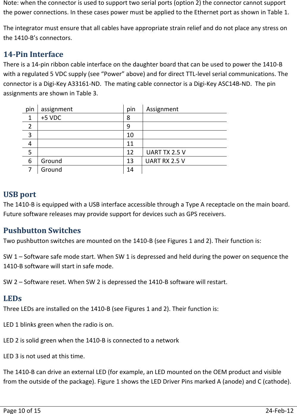 Page 10 of 15  24-Feb-12  Note: when the connector is used to support two serial ports (option 2) the connector cannot support the power connections. In these cases power must be applied to the Ethernet port as shown in Table 1. The integrator must ensure that all cables have appropriate strain relief and do not place any stress on the 1410-B’s connectors. 14-Pin Interface There is a 14-pin ribbon cable interface on the daughter board that can be used to power the 1410-B with a regulated 5 VDC supply (see “Power” above) and for direct TTL-level serial communications. The connector is a Digi-Key A33161-ND.  The mating cable connector is a Digi-Key ASC14B-ND.  The pin assignments are shown in Table 3. pin assignment pin Assignment 1 +5 VDC 8  2  9  3  10  4  11  5  12 UART TX 2.5 V 6 Ground 13 UART RX 2.5 V 7 Ground 14   USB port The 1410-B is equipped with a USB interface accessible through a Type A receptacle on the main board. Future software releases may provide support for devices such as GPS receivers. Pushbutton Switches Two pushbutton switches are mounted on the 1410-B (see Figures 1 and 2). Their function is: SW 1 – Software safe mode start. When SW 1 is depressed and held during the power on sequence the 1410-B software will start in safe mode. SW 2 – Software reset. When SW 2 is depressed the 1410-B software will restart. LEDs Three LEDs are installed on the 1410-B (see Figures 1 and 2). Their function is: LED 1 blinks green when the radio is on. LED 2 is solid green when the 1410-B is connected to a network LED 3 is not used at this time. The 1410-B can drive an external LED (for example, an LED mounted on the OEM product and visible from the outside of the package). Figure 1 shows the LED Driver Pins marked A (anode) and C (cathode). 