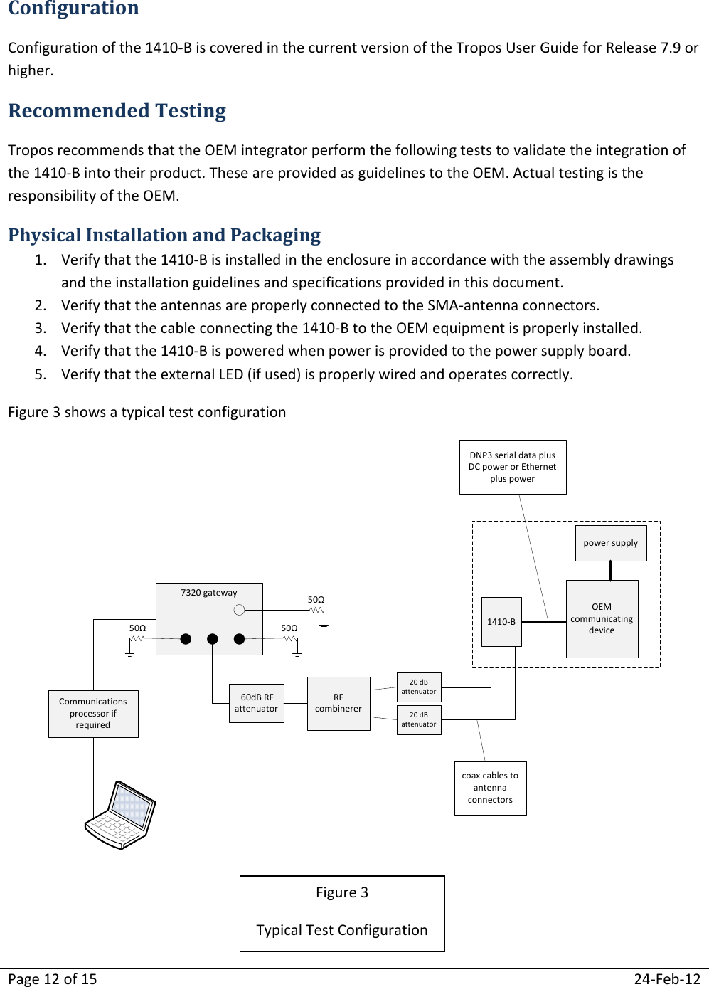 Page 12 of 15  24-Feb-12  Configuration Configuration of the 1410-B is covered in the current version of the Tropos User Guide for Release 7.9 or higher. Recommended Testing Tropos recommends that the OEM integrator perform the following tests to validate the integration of the 1410-B into their product. These are provided as guidelines to the OEM. Actual testing is the responsibility of the OEM. Physical Installation and Packaging 1. Verify that the 1410-B is installed in the enclosure in accordance with the assembly drawings and the installation guidelines and specifications provided in this document. 2. Verify that the antennas are properly connected to the SMA-antenna connectors. 3. Verify that the cable connecting the 1410-B to the OEM equipment is properly installed. 4. Verify that the 1410-B is powered when power is provided to the power supply board. 5. Verify that the external LED (if used) is properly wired and operates correctly. Figure 3 shows a typical test configuration  1410-BOEM communicating devicecoax cables to antenna connectorsDNP3 serial data plus DC power or Ethernet plus powerpower supply7320 gatewayRF combinerer 60dB RF attenuatorCommunications processor if required20 dB attenuator20 dB attenuator50Ω 50Ω 50Ω    Figure 3 Typical Test Configuration 
