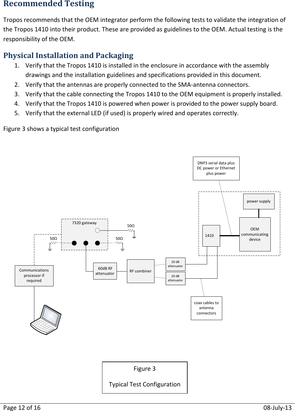 Page 12 of 16  08-July-13  Recommended Testing Tropos recommends that the OEM integrator perform the following tests to validate the integration of the Tropos 1410 into their product. These are provided as guidelines to the OEM. Actual testing is the responsibility of the OEM. Physical Installation and Packaging 1. Verify that the Tropos 1410 is installed in the enclosure in accordance with the assembly drawings and the installation guidelines and specifications provided in this document. 2. Verify that the antennas are properly connected to the SMA-antenna connectors. 3. Verify that the cable connecting the Tropos 1410 to the OEM equipment is properly installed. 4. Verify that the Tropos 1410 is powered when power is provided to the power supply board. 5. Verify that the external LED (if used) is properly wired and operates correctly. Figure 3 shows a typical test configuration   1410OEM communicating devicecoax cables to antenna connectorsDNP3 serial data plus DC power or Ethernet plus powerpower supply7320 gatewayRF combiner 60dB RF attenuatorCommunications processor if required20 dB attenuator20 dB attenuator50Ω 50Ω 50Ω      Figure 3 Typical Test Configuration 