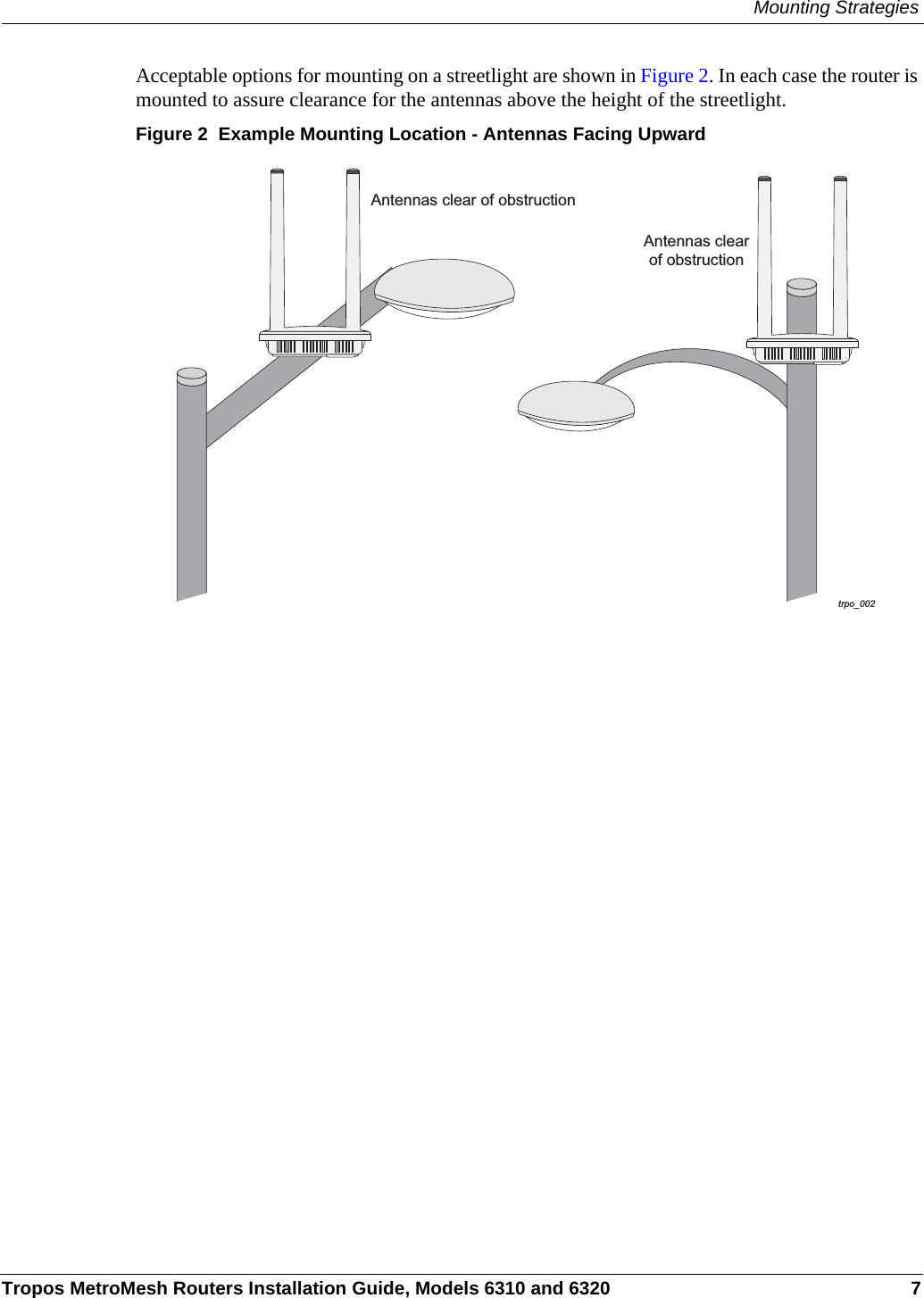 Mounting StrategiesTropos MetroMesh Routers Installation Guide, Models 6310 and 6320 7Acceptable options for mounting on a streetlight are shown in Figure 2. In each case the router is mounted to assure clearance for the antennas above the height of the streetlight.Figure 2  Example Mounting Location - Antennas Facing Upwardtrpo_002Antennas clear of obstructionAntennas clearof obstruction