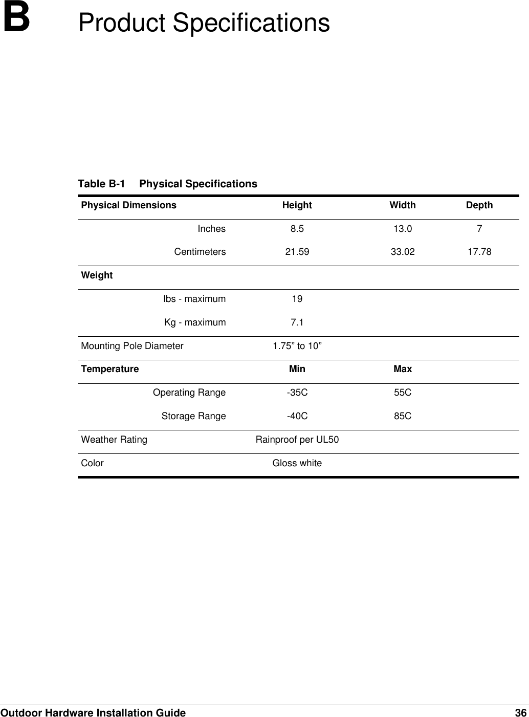 Outdoor Hardware Installation Guide 36BProduct SpecificationsTable B-1 Physical SpecificationsPhysical Dimensions Height Width DepthInches 8.5 13.0 7Centimeters 21.59 33.02 17.78Weightlbs - maximum 19Kg - maximum 7.1Mounting Pole Diameter 1.75” to 10”Temperature Min MaxOperating Range -35C 55CStorage Range -40C 85CWeather Rating Rainproof per UL50Color Gloss white