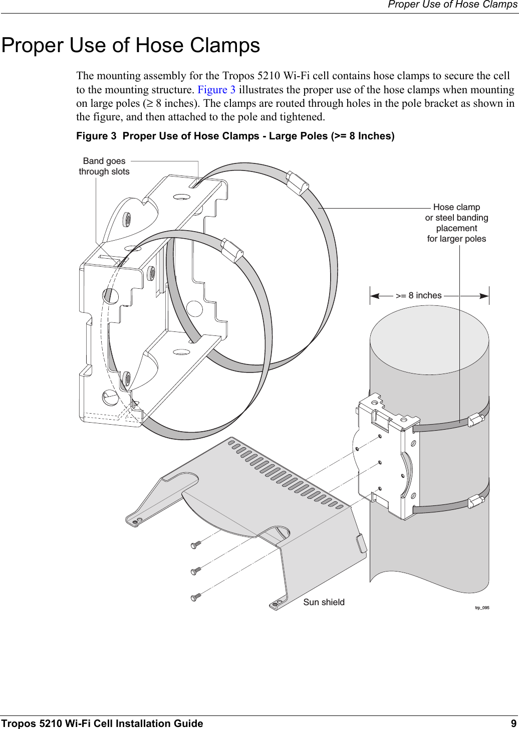 Proper Use of Hose ClampsTropos 5210 Wi-Fi Cell Installation Guide 9Proper Use of Hose ClampsThe mounting assembly for the Tropos 5210 Wi-Fi cell contains hose clamps to secure the cell to the mounting structure. Figure 3 illustrates the proper use of the hose clamps when mounting on large poles (≥ 8 inches). The clamps are routed through holes in the pole bracket as shown in the figure, and then attached to the pole and tightened.Figure 3  Proper Use of Hose Clamps - Large Poles (&gt;= 8 Inches)trp_095Band goesthrough slotsHose clampor steel bandingplacementfor larger polesSun shield &gt;= 8 inches