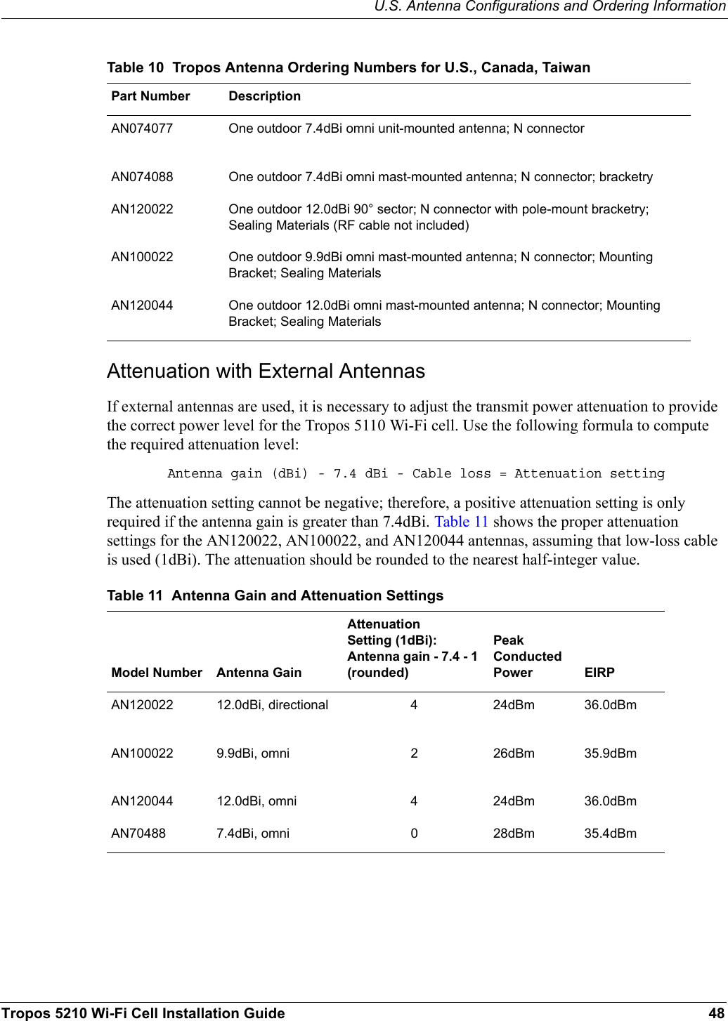 U.S. Antenna Configurations and Ordering InformationTropos 5210 Wi-Fi Cell Installation Guide 48Attenuation with External AntennasIf external antennas are used, it is necessary to adjust the transmit power attenuation to provide the correct power level for the Tropos 5110 Wi-Fi cell. Use the following formula to compute the required attenuation level:Antenna gain (dBi) - 7.4 dBi - Cable loss = Attenuation settingThe attenuation setting cannot be negative; therefore, a positive attenuation setting is only required if the antenna gain is greater than 7.4dBi. Table 11 shows the proper attenuation settings for the AN120022, AN100022, and AN120044 antennas, assuming that low-loss cable is used (1dBi). The attenuation should be rounded to the nearest half-integer value.Table 10  Tropos Antenna Ordering Numbers for U.S., Canada, TaiwanPart Number DescriptionAN074077 One outdoor 7.4dBi omni unit-mounted antenna; N connectorAN074088 One outdoor 7.4dBi omni mast-mounted antenna; N connector; bracketryAN120022 One outdoor 12.0dBi 90° sector; N connector with pole-mount bracketry; Sealing Materials (RF cable not included)AN100022 One outdoor 9.9dBi omni mast-mounted antenna; N connector; Mounting Bracket; Sealing MaterialsAN120044 One outdoor 12.0dBi omni mast-mounted antenna; N connector; Mounting Bracket; Sealing MaterialsTable 11  Antenna Gain and Attenuation SettingsModel Number Antenna GainAttenuation Setting (1dBi):Antenna gain - 7.4 - 1 (rounded)Peak Conducted Power EIRPAN120022 12.0dBi, directional 4 24dBm 36.0dBmAN100022 9.9dBi, omni 2 26dBm 35.9dBmAN120044 12.0dBi, omni 4 24dBm 36.0dBmAN70488 7.4dBi, omni 0 28dBm 35.4dBm