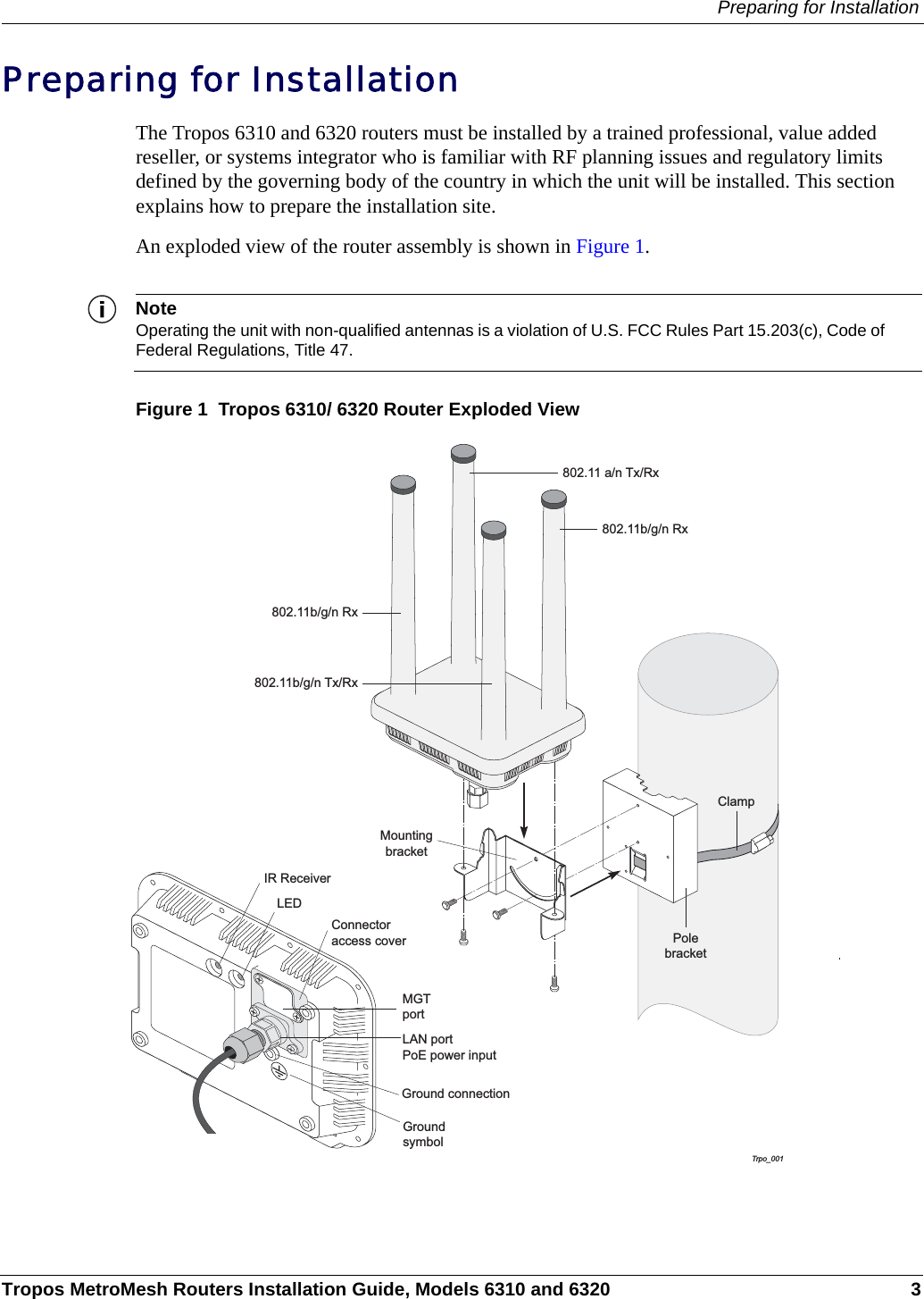 Preparing for InstallationTropos MetroMesh Routers Installation Guide, Models 6310 and 6320 3Preparing for InstallationThe Tropos 6310 and 6320 routers must be installed by a trained professional, value added reseller, or systems integrator who is familiar with RF planning issues and regulatory limits defined by the governing body of the country in which the unit will be installed. This section explains how to prepare the installation site.An exploded view of the router assembly is shown in Figure 1. NoteOperating the unit with non-qualified antennas is a violation of U.S. FCC Rules Part 15.203(c), Code of Federal Regulations, Title 47. Figure 1  Tropos 6310/ 6320 Router Exploded ViewTrpo_001ClampPolebracketGroundsymbolLAN portPoE power inputMGTport802.11b/g/n Rx802.11 a/n Tx/Rx802.11b/g/n Rx802.11b/g/n Tx/RxIR ReceiverLEDMountingbracketConnectoraccess coverGround connection