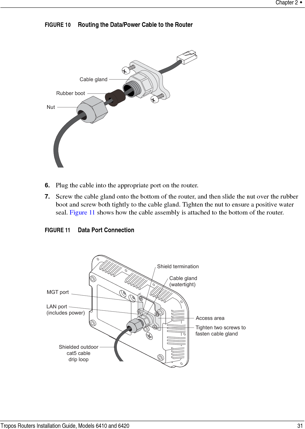 Chapter 2  Tropos Routers Installation Guide, Models 6410 and 6420 31FIGURE 10   Routing the Data/Power Cable to the Router 6. Plug the cable into the appropriate port on the router. 7. Screw the cable gland onto the bottom of the router, and then slide the nut over the rubber boot and screw both tightly to the cable gland. Tighten the nut to ensure a positive water seal. Figure 11 shows how the cable assembly is attached to the bottom of the router.FIGURE 11   Data Port Connection NutCable glandRubber bootShielded outdoorcat5 cabledrip loopShield terminationCable gland(watertight)Tighten two screws tofasten cable glandAccess areaLAN port(includes power)MGT port
