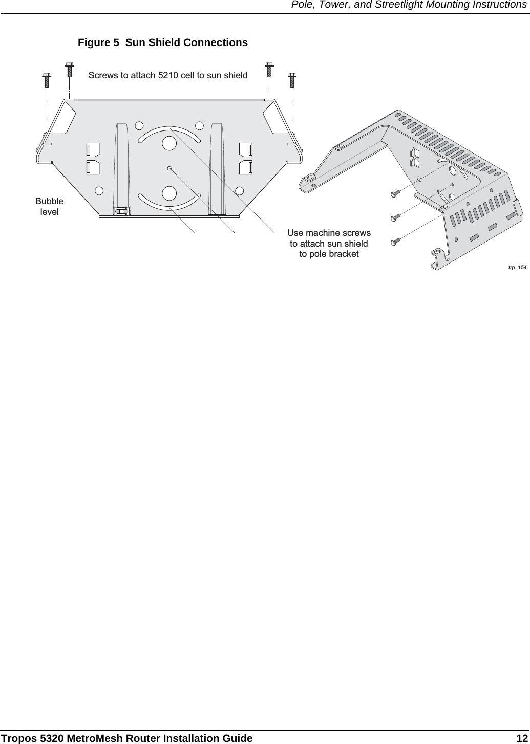 Pole, Tower, and Streetlight Mounting InstructionsTropos 5320 MetroMesh Router Installation Guide 12Figure 5  Sun Shield Connectionstrp_154BubblelevelScrews to attach 5210 cell to sun shieldUse machine screwsto attach sun shieldto pole bracket