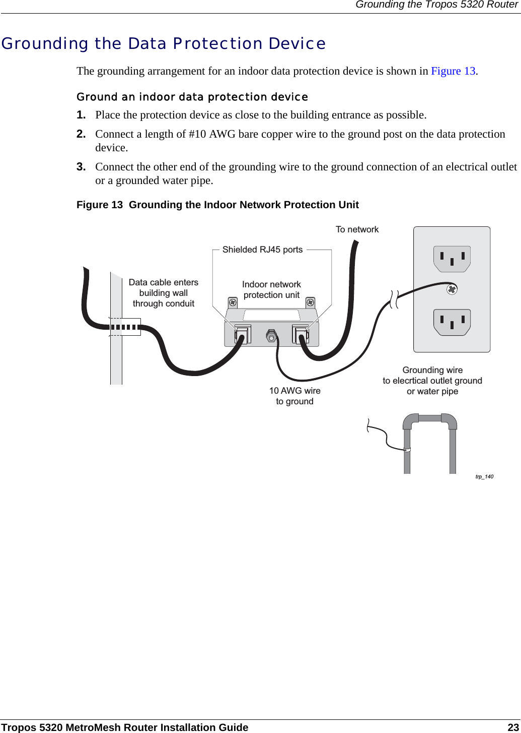 Grounding the Tropos 5320 RouterTropos 5320 MetroMesh Router Installation Guide 23Grounding the Data Protection DeviceThe grounding arrangement for an indoor data protection device is shown in Figure 13.Ground an indoor data protection device1. Place the protection device as close to the building entrance as possible. 2. Connect a length of #10 AWG bare copper wire to the ground post on the data protection device.3. Connect the other end of the grounding wire to the ground connection of an electrical outlet or a grounded water pipe.Figure 13  Grounding the Indoor Network Protection Unittrp_14010 AWG wireto groundGrounding wireto elecrtical outlet groundor water pipeIndoor networkprotection unitTo networkData cable entersbuilding wallthrough conduitShielded RJ45 ports