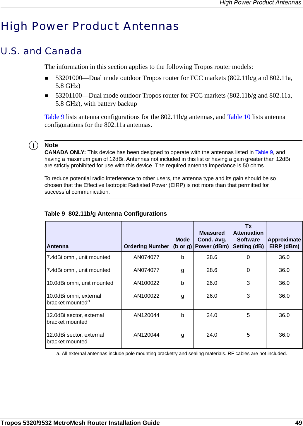 High Power Product AntennasTropos 5320/9532 MetroMesh Router Installation Guide 49High Power Product AntennasU.S. and CanadaThe information in this section applies to the following Tropos router models:53201000—Dual mode outdoor Tropos router for FCC markets (802.11b/g and 802.11a, 5.8 GHz)53201100—Dual mode outdoor Tropos router for FCC markets (802.11b/g and 802.11a, 5.8 GHz), with battery backupTable 9 lists antenna configurations for the 802.11b/g antennas, and Table 10 lists antenna configurations for the 802.11a antennas.NoteCANADA ONLY: This device has been designed to operate with the antennas listed in Table 9, and having a maximum gain of 12dBi. Antennas not included in this list or having a gain greater than 12dBi are strictly prohibited for use with this device. The required antenna impedance is 50 ohms.To reduce potential radio interference to other users, the antenna type and its gain should be so chosen that the Effective Isotropic Radiated Power (EIRP) is not more than that permitted for successful communication.Table 9  802.11b/g Antenna ConfigurationsAntenna Ordering Number Mode (b or g)Measured Cond. Avg. Power (dBm)Tx Attenuation Software Setting (dB) Approximate EIRP (dBm)7.4dBi omni, unit mounted AN074077 b 28.6 0 36.07.4dBi omni, unit mounted AN074077 g 28.6 0 36.010.0dBi omni, unit mounted AN100022 b 26.0 3 36.010.0dBi omni, external bracket mountedaa. All external antennas include pole mounting bracketry and sealing materials. RF cables are not included.AN100022 g 26.0 3 36.012.0dBi sector, external bracket mountedAN120044 b 24.0 5 36.012.0dBi sector, external bracket mountedAN120044 g 24.0 5 36.0