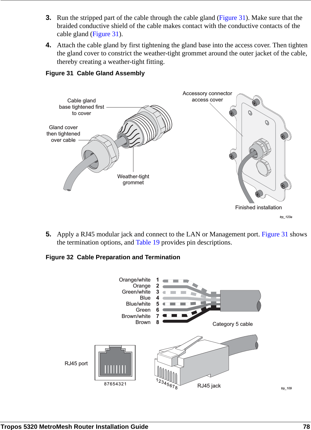 Tropos 5320 MetroMesh Router Installation Guide 783. Run the stripped part of the cable through the cable gland (Figure 31). Make sure that the braided conductive shield of the cable makes contact with the conductive contacts of the cable gland (Figure 31).4. Attach the cable gland by first tightening the gland base into the access cover. Then tighten the gland cover to constrict the weather-tight grommet around the outer jacket of the cable, thereby creating a weather-tight fitting.Figure 31  Cable Gland Assembly5. Apply a RJ45 modular jack and connect to the LAN or Management port. Figure 31 shows the termination options, and Table 19 provides pin descriptions.Figure 32  Cable Preparation and Terminationtrp_123aAccessory connectoraccess coverFinished installationGland coverthen tightenedover cableCable glandbase tightened firstto coverWeather-tightgrommettrp_109Category 5 cableRJ45 portRJ45 jack81234567BrownOrange/whiteOrangeGreen/whiteBlueBlue/whiteGreenBrown/white18765432 76854321