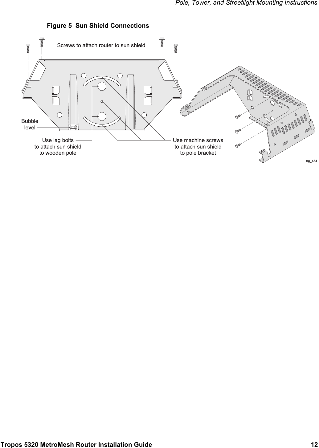 Pole, Tower, and Streetlight Mounting InstructionsTropos 5320 MetroMesh Router Installation Guide 12Figure 5  Sun Shield Connectionstrp_154BubblelevelUse lag boltsto attach sun shieldto wooden poleScrews to attach router to sun shieldUse machine screwsto attach sun shieldto pole bracket