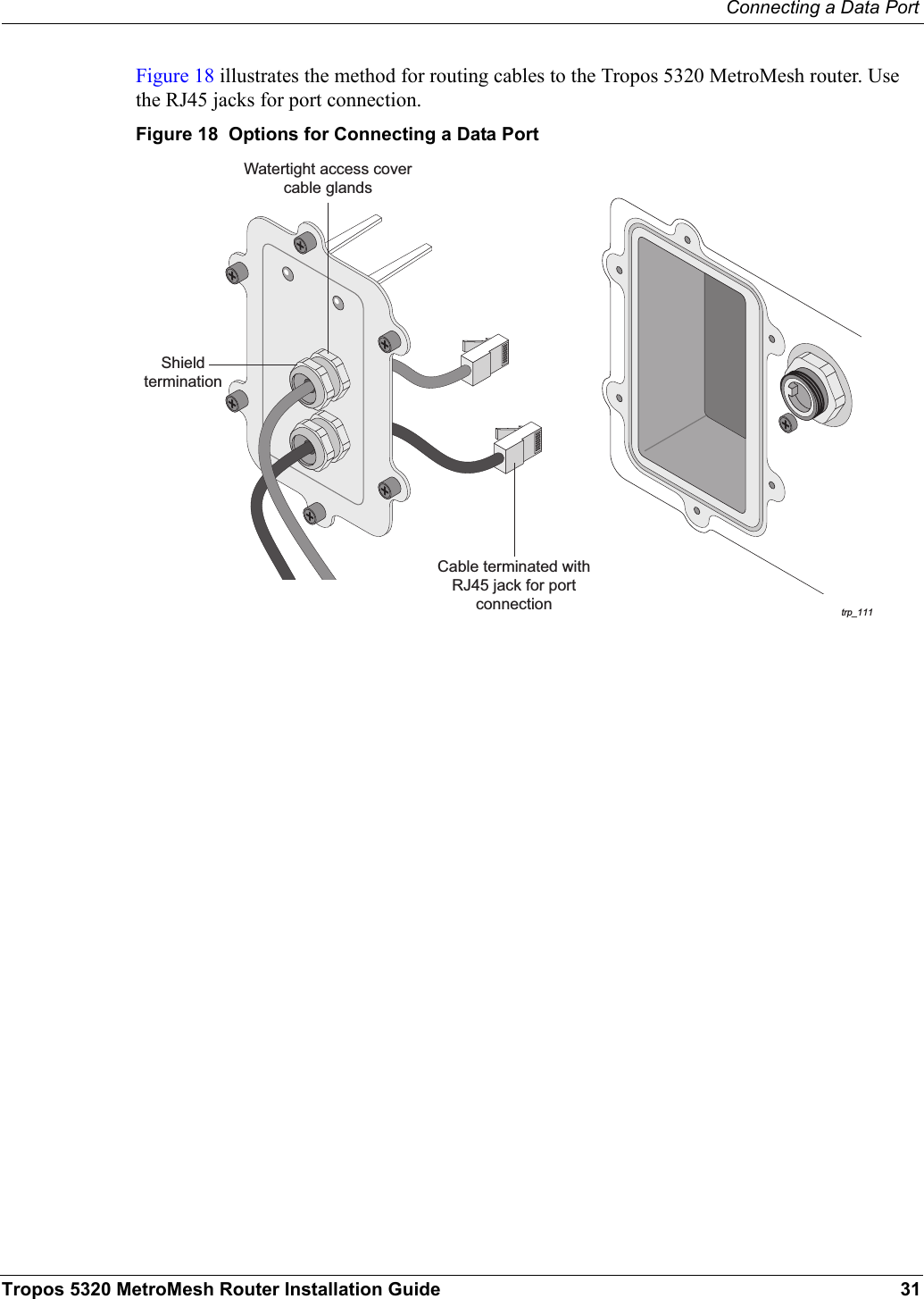 Connecting a Data PortTropos 5320 MetroMesh Router Installation Guide 31Figure 18 illustrates the method for routing cables to the Tropos 5320 MetroMesh router. Use the RJ45 jacks for port connection. Figure 18  Options for Connecting a Data Porttrp_111Watertight access covercable glandsCable terminated withRJ45 jack for portconnectionShieldtermination