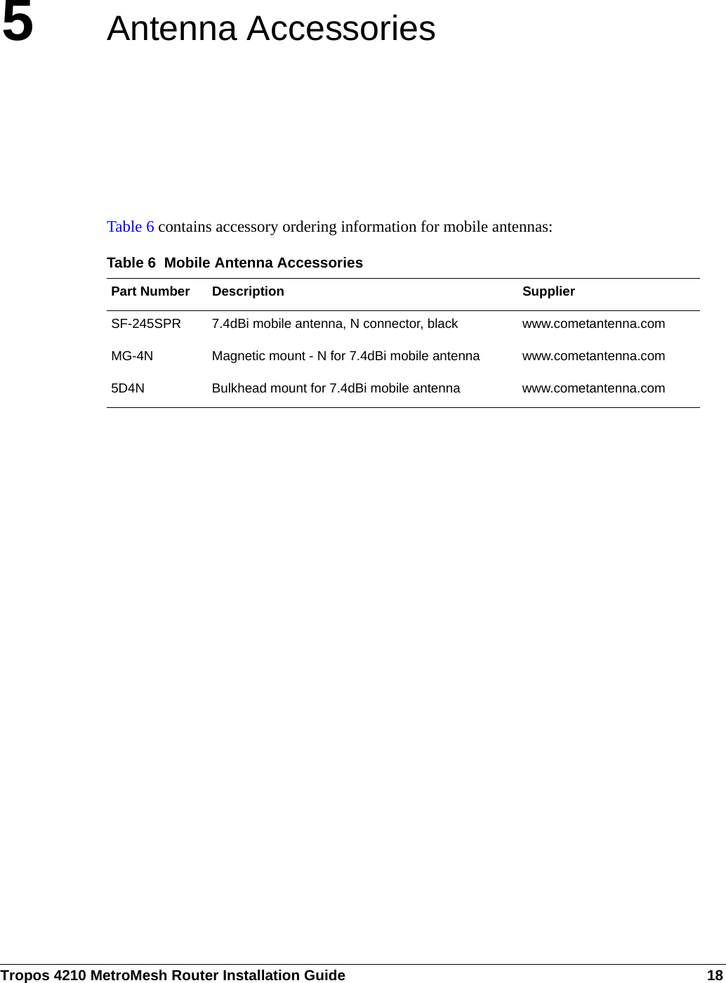 Tropos 4210 MetroMesh Router Installation Guide 185Antenna AccessoriesTable 6 contains accessory ordering information for mobile antennas:Table 6  Mobile Antenna AccessoriesPart Number Description SupplierSF-245SPR 7.4dBi mobile antenna, N connector, black www.cometantenna.comMG-4N Magnetic mount - N for 7.4dBi mobile antenna www.cometantenna.com5D4N Bulkhead mount for 7.4dBi mobile antenna www.cometantenna.com