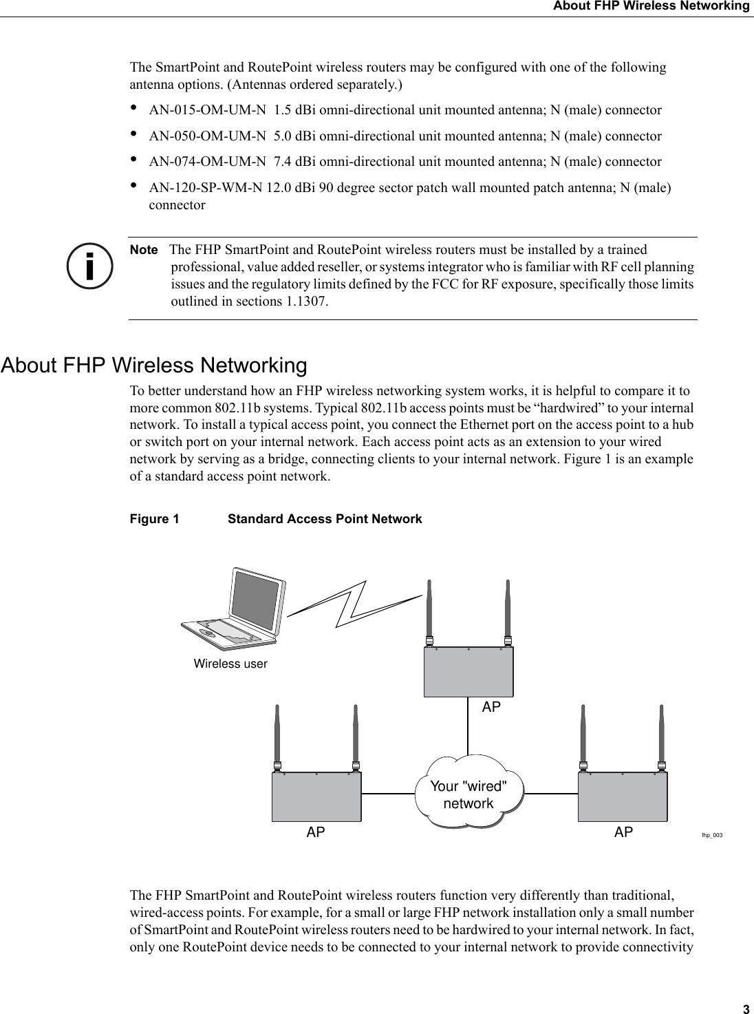  3About FHP Wireless NetworkingThe SmartPoint and RoutePoint wireless routers may be configured with one of the following antenna options. (Antennas ordered separately.)•AN-015-OM-UM-N  1.5 dBi omni-directional unit mounted antenna; N (male) connector•AN-050-OM-UM-N  5.0 dBi omni-directional unit mounted antenna; N (male) connector•AN-074-OM-UM-N  7.4 dBi omni-directional unit mounted antenna; N (male) connector•AN-120-SP-WM-N 12.0 dBi 90 degree sector patch wall mounted patch antenna; N (male) connectorNote The FHP SmartPoint and RoutePoint wireless routers must be installed by a trained professional, value added reseller, or systems integrator who is familiar with RF cell planning issues and the regulatory limits defined by the FCC for RF exposure, specifically those limits outlined in sections 1.1307.About FHP Wireless NetworkingTo better understand how an FHP wireless networking system works, it is helpful to compare it to more common 802.11b systems. Typical 802.11b access points must be “hardwired” to your internal network. To install a typical access point, you connect the Ethernet port on the access point to a hub or switch port on your internal network. Each access point acts as an extension to your wired network by serving as a bridge, connecting clients to your internal network. Figure 1 is an example of a standard access point network.Figure 1 Standard Access Point NetworkThe FHP SmartPoint and RoutePoint wireless routers function very differently than traditional, wired-access points. For example, for a small or large FHP network installation only a small number of SmartPoint and RoutePoint wireless routers need to be hardwired to your internal network. In fact, only one RoutePoint device needs to be connected to your internal network to provide connectivity fhp_003Wireless userAP APAPYour &quot;wired&quot;network