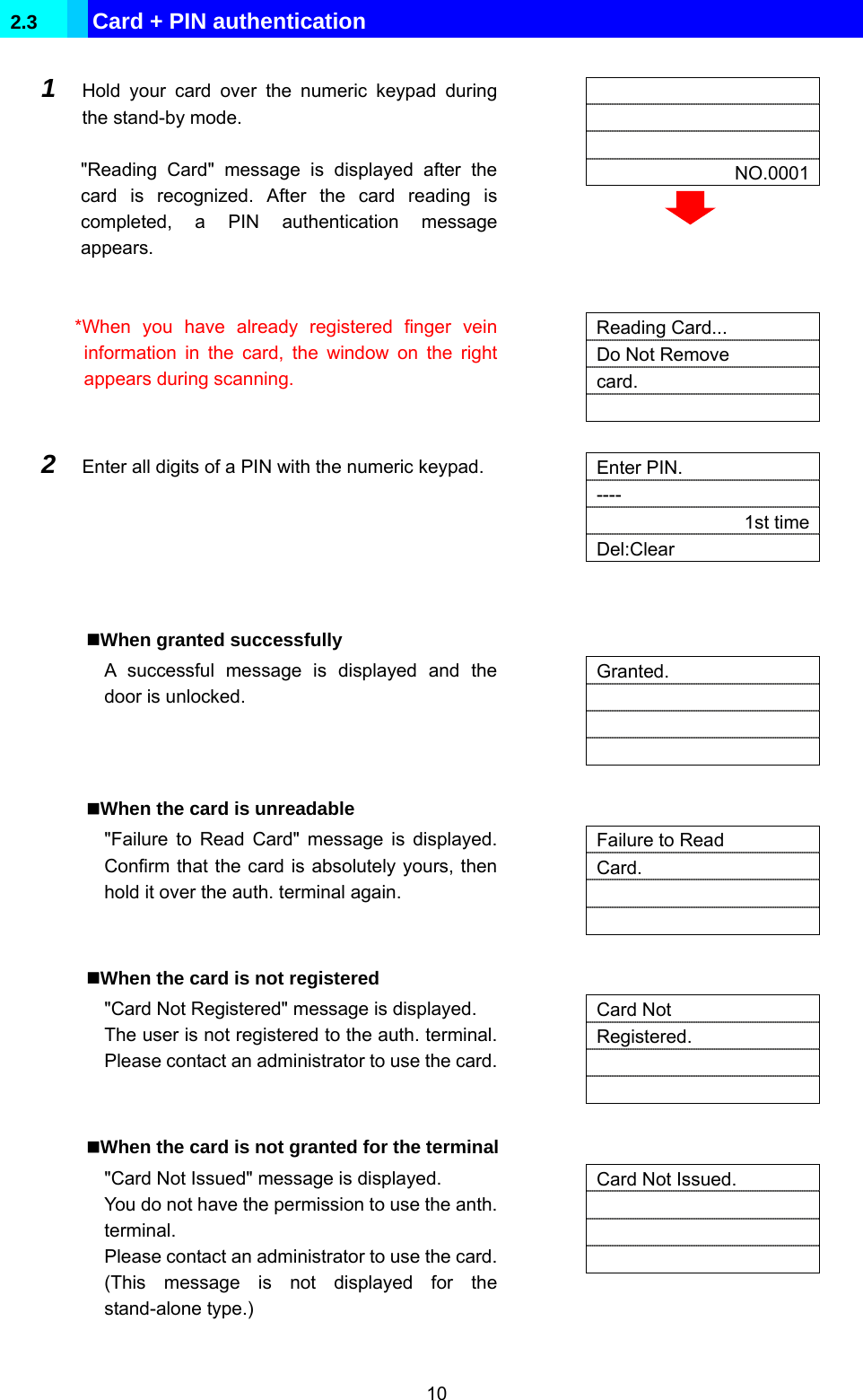  10 2.3   Card + PIN authentication  1  Hold your card over the numeric keypad during the stand-by mode.  &quot;Reading Card&quot; message is displayed after the card is recognized. After the card reading is completed, a PIN authentication message appears.      NO.0001  *When you have already registered finger vein information in the card, the window on the right appears during scanning.   Reading Card... Do Not Remove card.   2  Enter all digits of a PIN with the numeric keypad.   Enter PIN. ---- 1st time  Del:Clear   When granted successfully A successful message is displayed and the door is unlocked.   Granted.      When the card is unreadable &quot;Failure to Read Card&quot; message is displayed. Confirm that the card is absolutely yours, then hold it over the auth. terminal again.  Failure to Read Card.     When the card is not registered &quot;Card Not Registered&quot; message is displayed. The user is not registered to the auth. terminal. Please contact an administrator to use the card.   Card Not Registered.     When the card is not granted for the terminal &quot;Card Not Issued&quot; message is displayed. You do not have the permission to use the anth. terminal. Please contact an administrator to use the card.(This message is not displayed for the stand-alone type.)   Card Not Issued.     