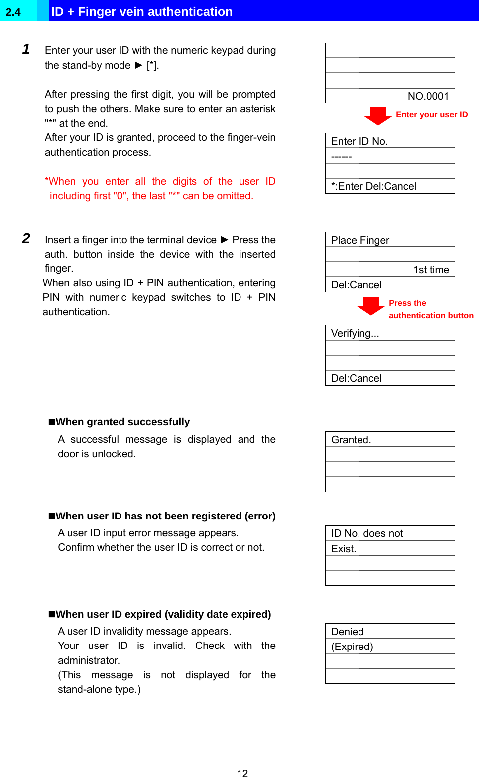  12 2.4   ID + Finger vein authentication     NO.0001  1  Enter your user ID with the numeric keypad during the stand-by mode ► [*].  After pressing the first digit, you will be prompted to push the others. Make sure to enter an asterisk &quot;*&quot; at the end. After your ID is granted, proceed to the finger-vein authentication process.  *When you enter all the digits of the user ID including first &quot;0&quot;, the last &quot;*&quot; can be omitted.     Enter ID No. ------ *:Enter Del:Cancel  Place Finger  1st timeDel:Cancel  2  Insert a finger into the terminal device ► Press the auth. button inside the device with the inserted finger. When also using ID + PIN authentication, entering PIN with numeric keypad switches to ID + PIN authentication.     Verifying...   Del:Cancel   When granted successfully A successful message is displayed and the door is unlocked.   Granted.      When user ID has not been registered (error) A user ID input error message appears. Confirm whether the user ID is correct or not.   ID No. does not Exist.     When user ID expired (validity date expired) A user ID invalidity message appears. Your user ID is invalid. Check with the administrator. (This message is not displayed for the stand-alone type.)   Denied (Expired)     Enter your user ID Press the authentication button