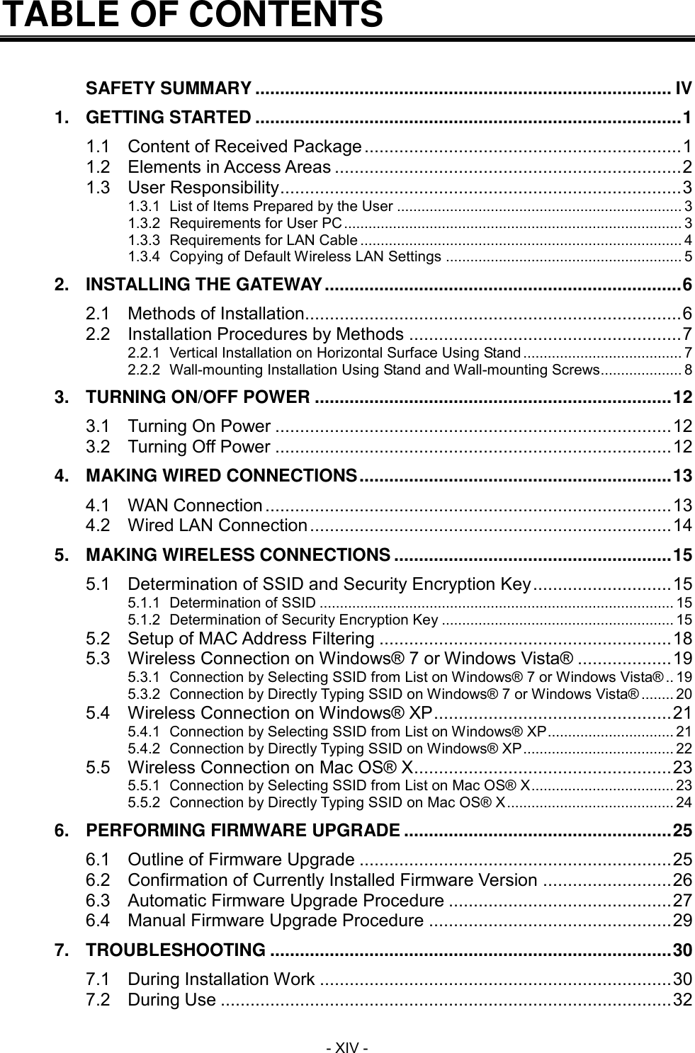  - XIV - TABLE OF CONTENTS    SAFETY SUMMARY .................................................................................... IV 1.  GETTING STARTED ...................................................................................... 1 1.1  Content of Received Package ................................................................ 1 1.2  Elements in Access Areas ...................................................................... 2 1.3  User Responsibility ................................................................................. 3 1.3.1  List of Items Prepared by the User ...................................................................... 3 1.3.2  Requirements for User PC ................................................................................... 3 1.3.3  Requirements for LAN Cable ............................................................................... 4 1.3.4  Copying of Default Wireless LAN Settings .......................................................... 5 2.  INSTALLING THE GATEWAY ........................................................................ 6 2.1  Methods of Installation............................................................................ 6 2.2  Installation Procedures by Methods ....................................................... 7 2.2.1  Vertical Installation on Horizontal Surface Using Stand ....................................... 7 2.2.2  Wall-mounting Installation Using Stand and Wall-mounting Screws.................... 8 3.  TURNING ON/OFF POWER ........................................................................ 12 3.1  Turning On Power ................................................................................ 12 3.2  Turning Off Power ................................................................................ 12 4.  MAKING WIRED CONNECTIONS ............................................................... 13 4.1  WAN Connection .................................................................................. 13 4.2  Wired LAN Connection ......................................................................... 14 5.  MAKING WIRELESS CONNECTIONS ........................................................ 15 5.1  Determination of SSID and Security Encryption Key ............................ 15 5.1.1  Determination of SSID ....................................................................................... 15 5.1.2  Determination of Security Encryption Key ......................................................... 15 5.2  Setup of MAC Address Filtering ........................................................... 18 5.3  Wireless Connection on Windows&reg; 7 or Windows Vista&reg; ................... 19 5.3.1  Connection by Selecting SSID from List on Windows&reg; 7 or Windows Vista&reg; .. 19 5.3.2  Connection by Directly Typing SSID on Windows&reg; 7 or Windows Vista&reg; ........ 20 5.4  Wireless Connection on Windows&reg; XP ................................................ 21 5.4.1  Connection by Selecting SSID from List on Windows&reg; XP ............................... 21 5.4.2  Connection by Directly Typing SSID on Windows&reg; XP ..................................... 22 5.5  Wireless Connection on Mac OS&reg; X .................................................... 23 5.5.1  Connection by Selecting SSID from List on Mac OS&reg; X ................................... 23 5.5.2  Connection by Directly Typing SSID on Mac OS&reg; X ......................................... 24 6.  PERFORMING FIRMWARE UPGRADE ...................................................... 25 6.1  Outline of Firmware Upgrade ............................................................... 25 6.2  Confirmation of Currently Installed Firmware Version .......................... 26 6.3  Automatic Firmware Upgrade Procedure ............................................. 27 6.4  Manual Firmware Upgrade Procedure ................................................. 29 7.  TROUBLESHOOTING ................................................................................. 30 7.1  During Installation Work ....................................................................... 30 7.2  During Use ........................................................................................... 32 