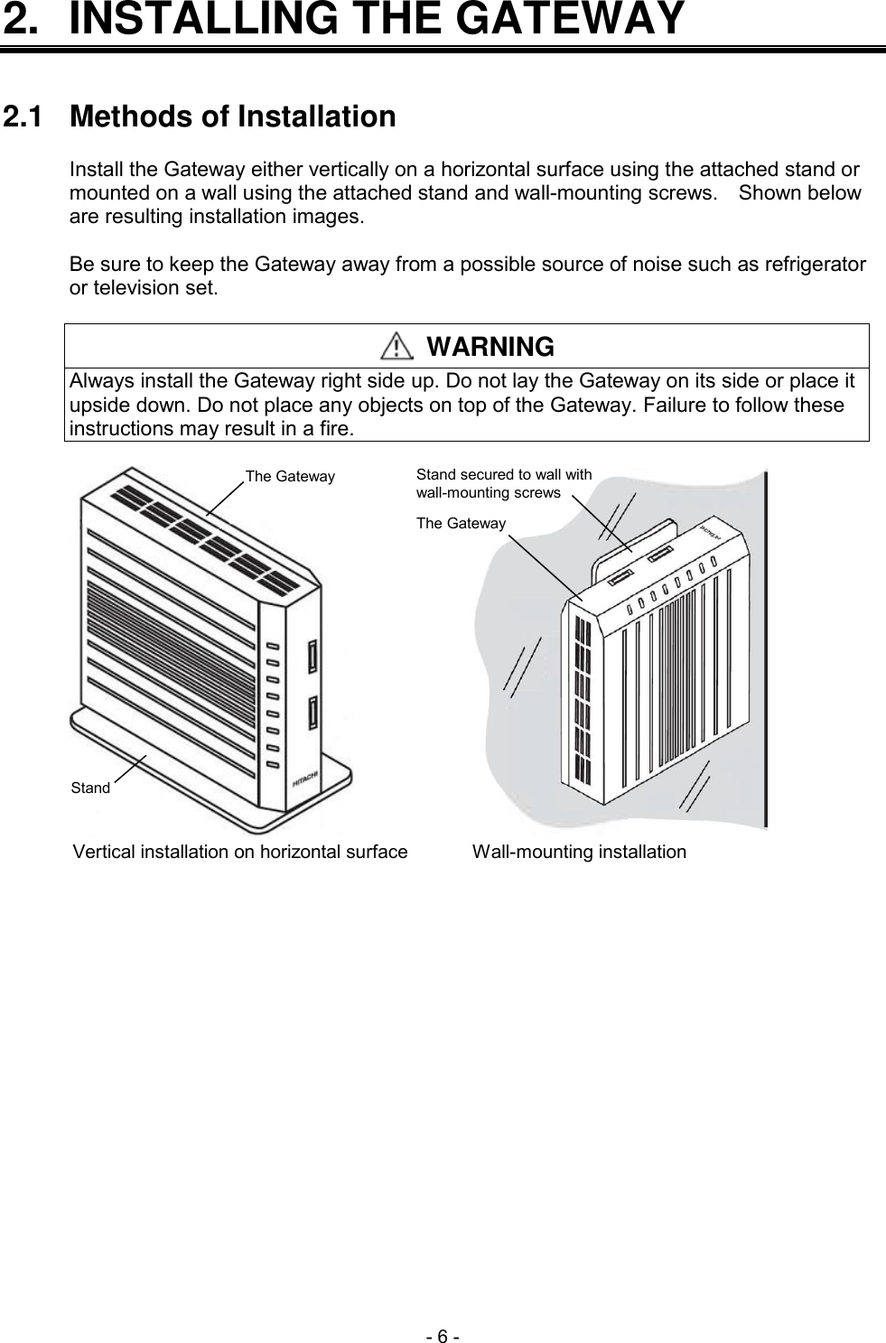  - 6 - 2.  INSTALLING THE GATEWAY   2.1  Methods of Installation  Install the Gateway either vertically on a horizontal surface using the attached stand or mounted on a wall using the attached stand and wall-mounting screws.    Shown below are resulting installation images.  Be sure to keep the Gateway away from a possible source of noise such as refrigerator or television set.   WARNING Always install the Gateway right side up. Do not lay the Gateway on its side or place it upside down. Do not place any objects on top of the Gateway. Failure to follow these instructions may result in a fire.  Vertical installation on horizontal surfaceWall-mounting installationStandThe GatewayStand secured to wall withwall-mounting screwsThe Gateway 