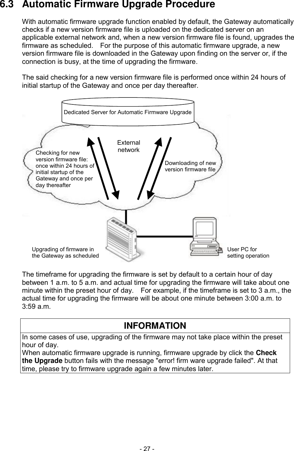  - 27 - 6.3  Automatic Firmware Upgrade Procedure  With automatic firmware upgrade function enabled by default, the Gateway automatically checks if a new version firmware file is uploaded on the dedicated server on an applicable external network and, when a new version firmware file is found, upgrades the firmware as scheduled.    For the purpose of this automatic firmware upgrade, a new version firmware file is downloaded in the Gateway upon finding on the server or, if the connection is busy, at the time of upgrading the firmware.  The said checking for a new version firmware file is performed once within 24 hours of initial startup of the Gateway and once per day thereafter.  Dedicated Server for Automatic Firmware UpgradeExternalnetworkChecking for newversion firmware file:once within 24 hours ofinitial startup of theGateway and once perday thereafterDownloading of newversion firmware fileUpgrading of firmware inthe Gateway as scheduledUser PC forsetting operation  The timeframe for upgrading the firmware is set by default to a certain hour of day between 1 a.m. to 5 a.m. and actual time for upgrading the firmware will take about one minute within the preset hour of day.    For example, if the timeframe is set to 3 a.m., the actual time for upgrading the firmware will be about one minute between 3:00 a.m. to 3:59 a.m.  INFORMATION In some cases of use, upgrading of the firmware may not take place within the preset hour of day. When automatic firmware upgrade is running, firmware upgrade by click the Check the Upgrade button fails with the message "error! firm ware upgrade failed". At that time, please try to firmware upgrade again a few minutes later.  
