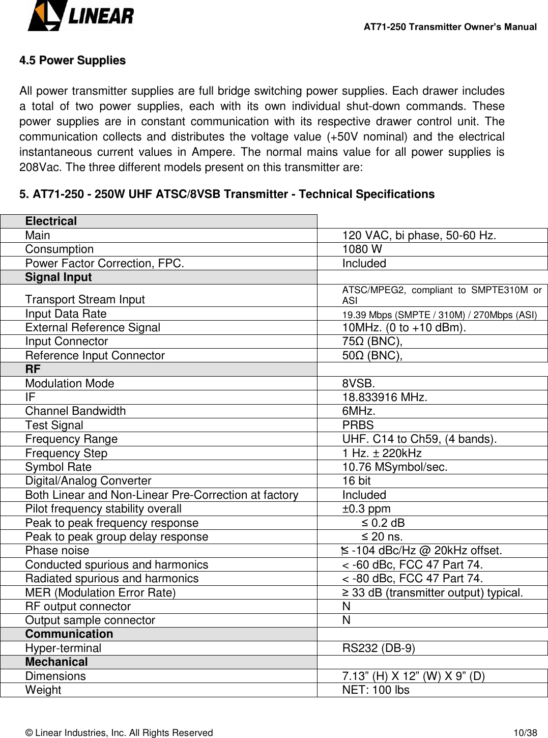        AT71-250 Transmitter Owner’s Manual   © Linear Industries, Inc. All Rights Reserved       10/38  44..55  PPoowweerr  SSuupppplliieess   All power transmitter supplies are full bridge switching power supplies. Each drawer includes a  total  of  two  power  supplies,  each  with  its  own  individual  shut-down  commands.  These power  supplies  are  in  constant  communication  with  its  respective  drawer  control  unit.  The communication collects  and  distributes the voltage  value  (+50V nominal)  and  the  electrical instantaneous current  values  in  Ampere. The  normal mains value  for  all  power  supplies is 208Vac. The three different models present on this transmitter are:  5. AT71-250 - 250W UHF ATSC/8VSB Transmitter - Technical Specifications  Electrical  Main 120 VAC, bi phase, 50-60 Hz. Consumption 1080 W Power Factor Correction, FPC. Included Signal Input  Transport Stream Input ATSC/MPEG2,  compliant  to  SMPTE310M  or ASI Input Data Rate 19.39 Mbps (SMPTE / 310M) / 270Mbps (ASI) External Reference Signal 10MHz. (0 to +10 dBm). Input Connector 75Ω (BNC), Reference Input Connector 50Ω (BNC), RF  Modulation Mode 8VSB. IF 18.833916 MHz. Channel Bandwidth 6MHz. Test Signal PRBS Frequency Range UHF. C14 to Ch59, (4 bands). Frequency Step 1 Hz. ± 220kHz Symbol Rate 10.76 MSymbol/sec. Digital/Analog Converter 16 bit Both Linear and Non-Linear Pre-Correction at factory Included Pilot frequency stability overall ±0.3 ppm Peak to peak frequency response       ≤ 0.2 dB Peak to peak group delay response       ≤ 20 ns. Phase noise ⁭⁭≤ -104 dBc/Hz @ 20kHz offset. Conducted spurious and harmonics &lt; -60 dBc, FCC 47 Part 74. Radiated spurious and harmonics &lt; -80 dBc, FCC 47 Part 74. MER (Modulation Error Rate) ≥ 33 dB (transmitter output) typical. RF output connector N Output sample connector N Communication  Hyper-terminal RS232 (DB-9) Mechanical  Dimensions 7.13” (H) X 12” (W) X 9” (D) Weight NET: 100 lbs  