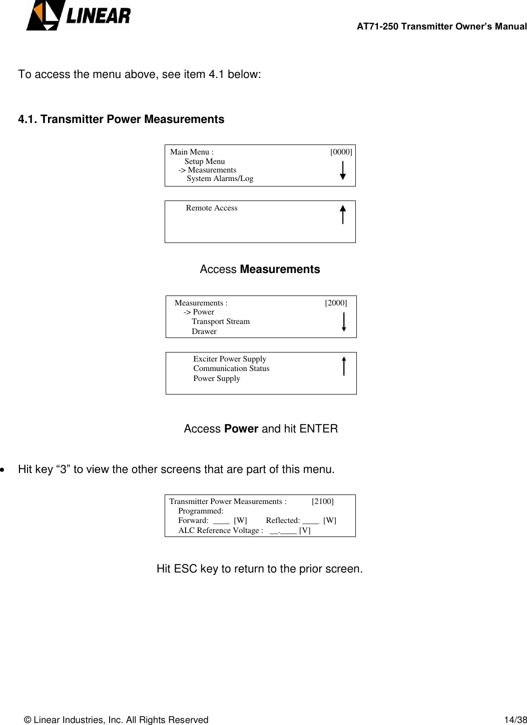        AT71-250 Transmitter Owner’s Manual   © Linear Industries, Inc. All Rights Reserved       14/38   To access the menu above, see item 4.1 below:   4.1. Transmitter Power Measurements                                                                        Access Measurements                         Access Power and hit ENTER    Hit key “3” to view the other screens that are part of this menu.          Hit ESC key to return to the prior screen.           Main Menu :                                   [0000]                    Setup Menu                                System Alarms/Log -&gt; Measurements          Remote Access                                              -&gt; Power                  Transport Stream                  Drawer   Measurements :                                         [2000]                                                Exciter Power Supply            Communication Status            Power Supply                                 Transmitter Power Measurements :            [2100]                 Programmed:             Forward:  ____  [W]         Reflected: ____  [W]             ALC Reference Voltage :   __.____ [V]                            