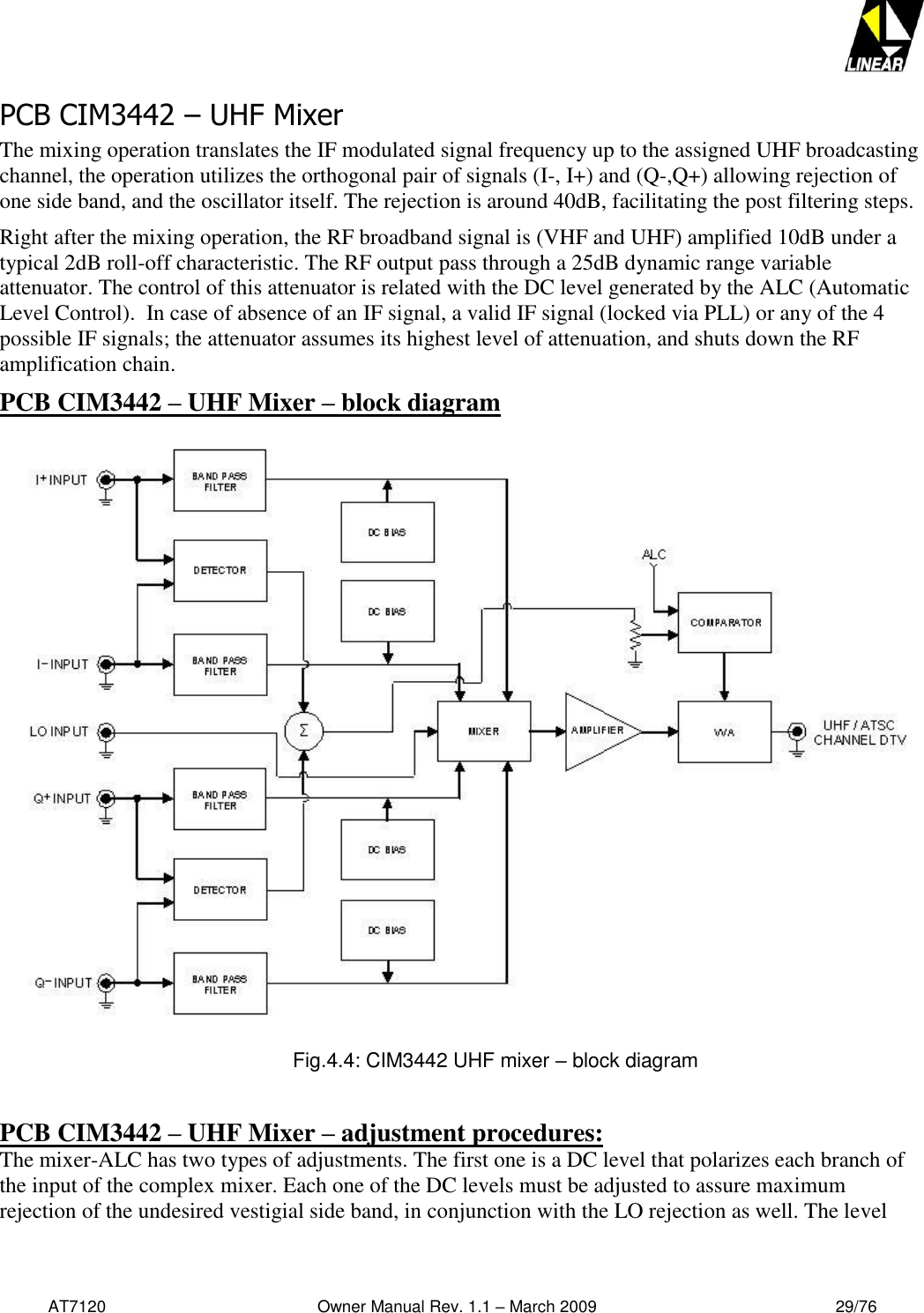   AT7120                                              Owner Manual Rev. 1.1 – March 2009                                                    29/76   PCB CIM3442 – UHF Mixer The mixing operation translates the IF modulated signal frequency up to the assigned UHF broadcasting channel, the operation utilizes the orthogonal pair of signals (I-, I+) and (Q-,Q+) allowing rejection of one side band, and the oscillator itself. The rejection is around 40dB, facilitating the post filtering steps.  Right after the mixing operation, the RF broadband signal is (VHF and UHF) amplified 10dB under a typical 2dB roll-off characteristic. The RF output pass through a 25dB dynamic range variable attenuator. The control of this attenuator is related with the DC level generated by the ALC (Automatic Level Control).  In case of absence of an IF signal, a valid IF signal (locked via PLL) or any of the 4 possible IF signals; the attenuator assumes its highest level of attenuation, and shuts down the RF amplification chain.   PCB CIM3442 – UHF Mixer – block diagram    Fig.4.4: CIM3442 UHF mixer – block diagram   PCB CIM3442 – UHF Mixer – adjustment procedures: The mixer-ALC has two types of adjustments. The first one is a DC level that polarizes each branch of the input of the complex mixer. Each one of the DC levels must be adjusted to assure maximum rejection of the undesired vestigial side band, in conjunction with the LO rejection as well. The level 