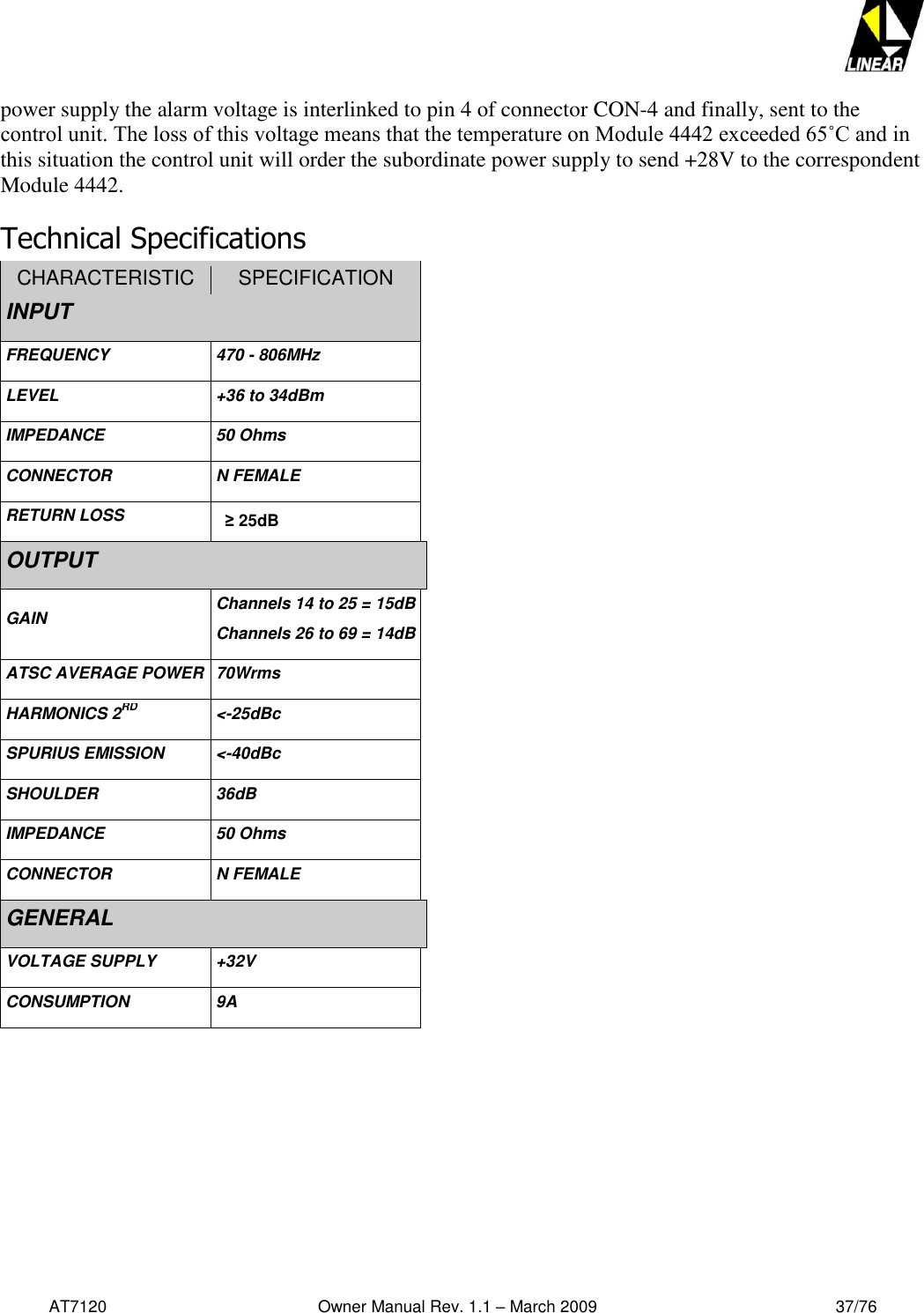   AT7120                                              Owner Manual Rev. 1.1 – March 2009                                                    37/76   power supply the alarm voltage is interlinked to pin 4 of connector CON-4 and finally, sent to the control unit. The loss of this voltage means that the temperature on Module 4442 exceeded 65˚C and in this situation the control unit will order the subordinate power supply to send +28V to the correspondent Module 4442. Technical Specifications CHARACTERISTIC SPECIFICATION  INPUT  FREQUENCY 470 - 806MHz  LEVEL +36 to 34dBm  IMPEDANCE 50 Ohms  CONNECTOR N FEMALE  RETURN LOSS   ≥ 25dB  OUTPUT GAIN Channels 14 to 25 = 15dB Channels 26 to 69 = 14dB  ATSC AVERAGE POWER 70Wrms  HARMONICS 2RD &lt;-25dBc  SPURIUS EMISSION &lt;-40dBc  SHOULDER 36dB   IMPEDANCE 50 Ohms  CONNECTOR N FEMALE  GENERAL VOLTAGE SUPPLY +32V  CONSUMPTION 9A            