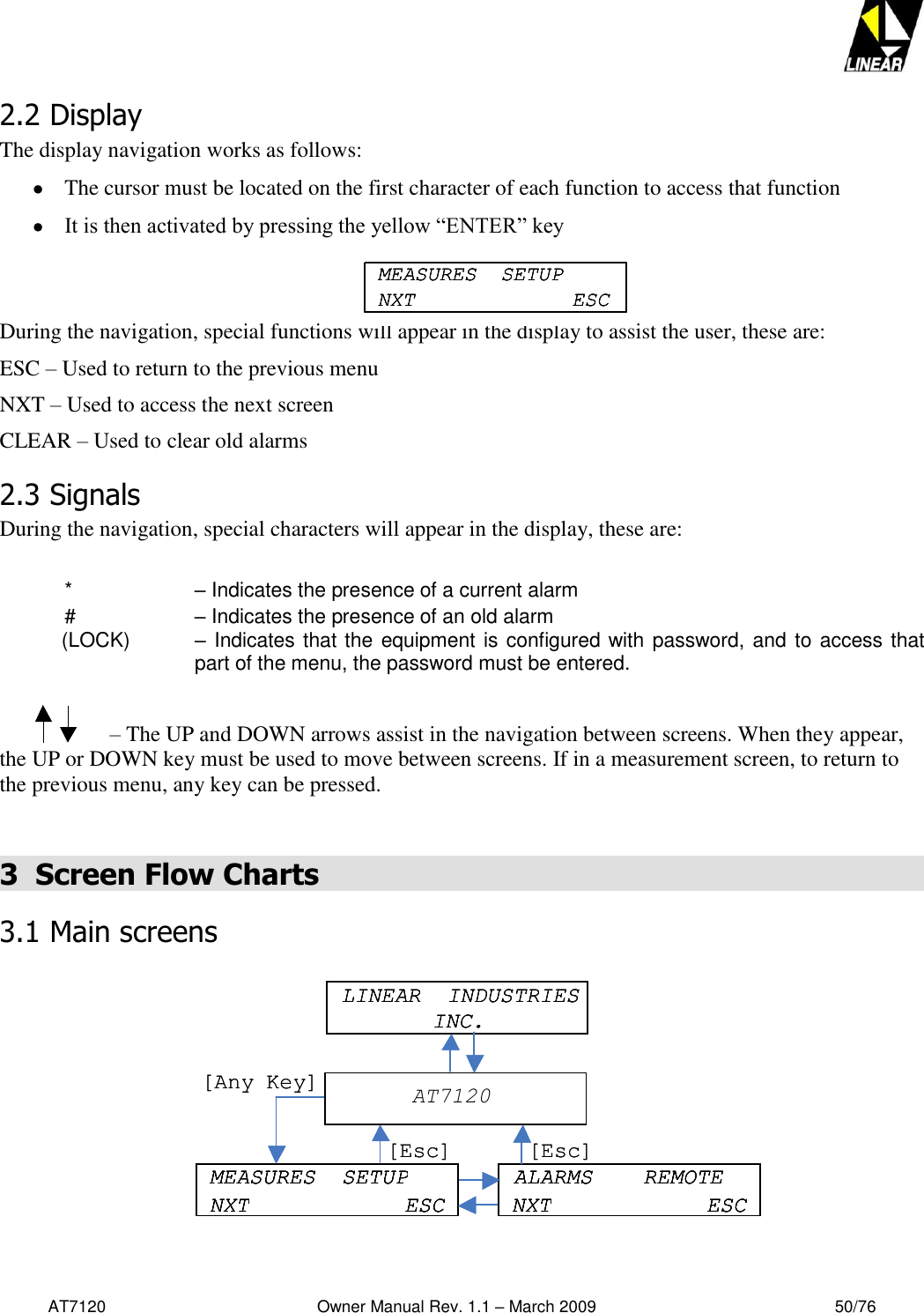   AT7120                                              Owner Manual Rev. 1.1 – March 2009                                                    50/76   2.2 Display       The display navigation works as follows:   The cursor must be located on the first character of each function to access that function  It is then activated by pressing the yellow “ENTER” key    During the navigation, special functions will appear in the display to assist the user, these are: ESC – Used to return to the previous menu NXT – Used to access the next screen CLEAR – Used to clear old alarms 2.3 Signals During the navigation, special characters will appear in the display, these are:  *     – Indicates the presence of a current alarm  #     – Indicates the presence of an old alarm (LOCK)    – Indicates that the equipment is configured with password, and to access that part of the menu, the password must be entered.                       – The UP and DOWN arrows assist in the navigation between screens. When they appear, the UP or DOWN key must be used to move between screens. If in a measurement screen, to return to the previous menu, any key can be pressed.  3  Screen Flow Charts 3.1 Main screens  Main screens           MEASURES  SETUPNXT ESCMEASURES  SETUPNXT ESCMEASURES  SETUPNXT ESCLINEAR  INDUSTRIES  INC. AT720P MEASURES  SETUP NXT ESC ALARMS  REMOTE NXT ESC [ Esc ] [ Esc ] [ Any Key ] LINEAR  INDUSTRIES  INC. LINEAR  INDUSTRIES  INC. AT7120 MEASURES  SETUP NXT ESC MEASURES  SETUP NXT ESC MEASURES  SETUP NXT ESC ALARMS  REMOTE NXT ESC ALARMS  REMOTE NXT ESC ALARMS  REMOTE NXT ESC [ Esc ] [ Esc ] [ Any Key ] 