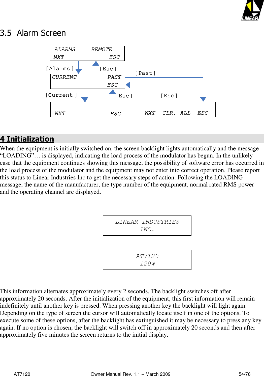   AT7120                                              Owner Manual Rev. 1.1 – March 2009                                                    54/76   3.5  Alarm Screen  4 Initialization When the equipment is initially switched on, the screen backlight lights automatically and the message “LOADING”… is displayed, indicating the load process of the modulator has begun. In the unlikely case that the equipment continues showing this message, the possibility of software error has occurred in the load process of the modulator and the equipment may not enter into correct operation. Please report this status to Linear Industries Inc to get the necessary steps of action. Following the LOADING message, the name of the manufacturer, the type number of the equipment, normal rated RMS power and the operating channel are displayed.              This information alternates approximately every 2 seconds. The backlight switches off after approximately 20 seconds. After the initialization of the equipment, this first information will remain indefinitely until another key is pressed. When pressing another key the backlight will light again. Depending on the type of screen the cursor will automatically locate itself in one of the options. To execute some of these options, after the backlight has extinguished it may be necessary to press any key again. If no option is chosen, the backlight will switch off in approximately 20 seconds and then after approximately five minutes the screen returns to the initial display.   ALARMS  REMOTENXT ESCCURRENT  PASTESCNXT  CLR. ALL  ESCNXT ESC[Esc][Alarms ][Past][Esc][Current ][Esc]ALARMS  REMOTENXT ESCALARMS  REMOTENXT ESCALARMS  REMOTENXT ESCCURRENT  PASTESCCURRENT  PASTESCNXT  CLR. ALL  ESCNXT  CLR. ALL  ESCNXT ESCNXT ESCNXT ESC[Esc][Alarms ][Past][Esc][Current ][Esc]AT7120 120W LINEAR INDUSTRIES INC. 