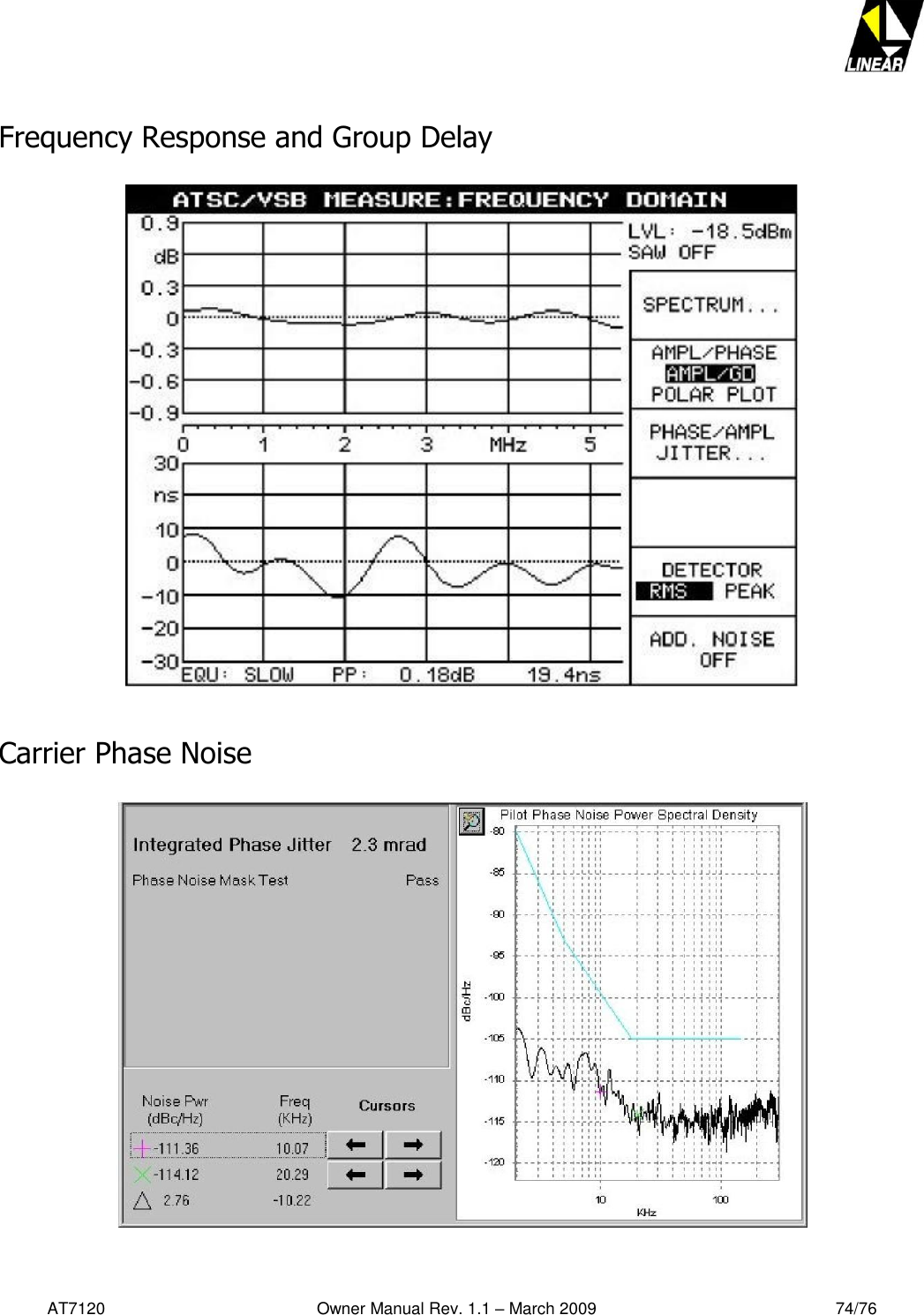   AT7120                                              Owner Manual Rev. 1.1 – March 2009                                                    74/76   Frequency Response and Group Delay    Carrier Phase Noise    