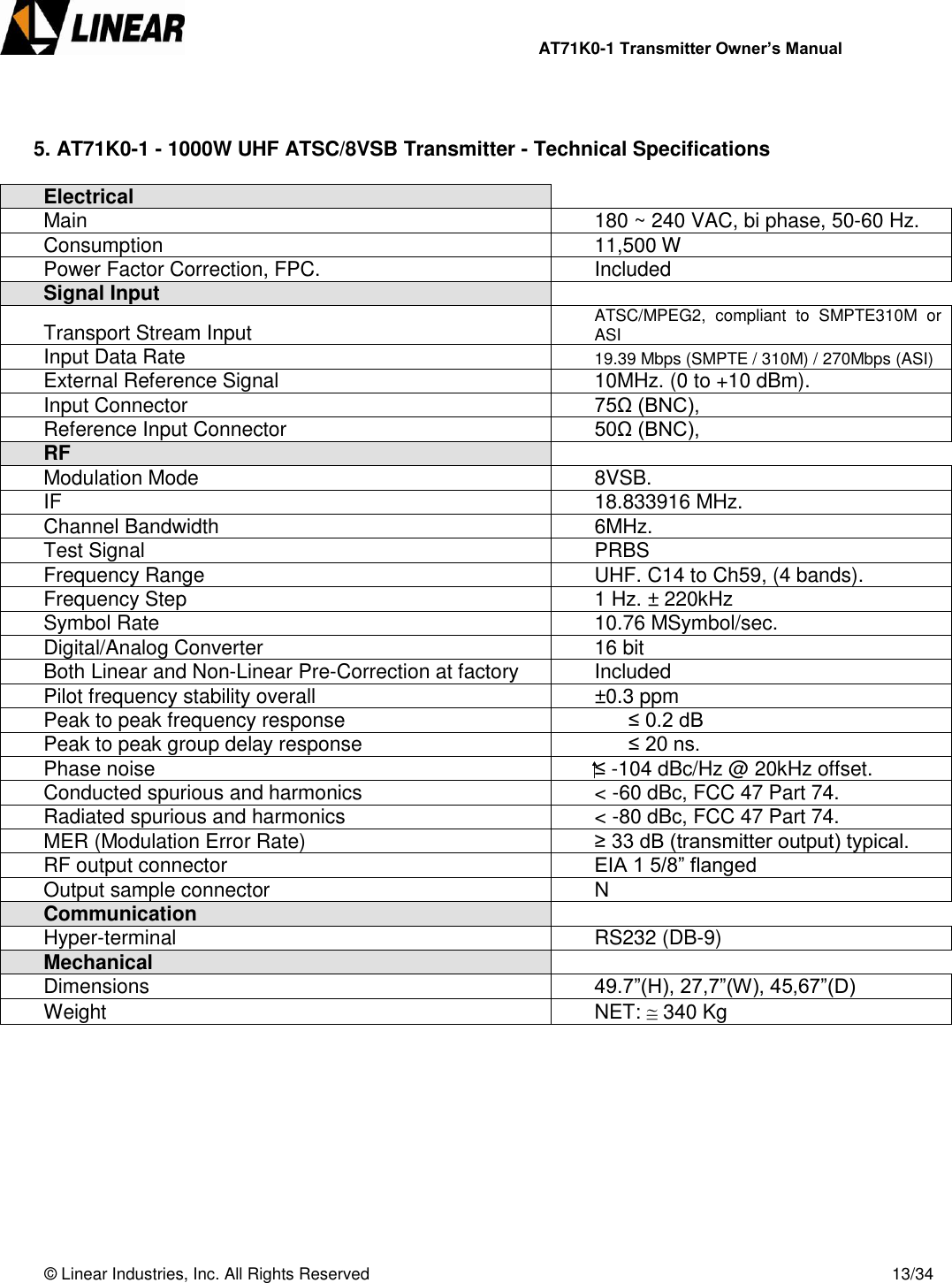                AT71K0-1 Transmitter Owner’s Manual   © Linear Industries, Inc. All Rights Reserved       13/34    5. AT71K0-1 - 1000W UHF ATSC/8VSB Transmitter - Technical Specifications  Electrical  Main 180 ~ 240 VAC, bi phase, 50-60 Hz. Consumption 11,500 W Power Factor Correction, FPC. Included Signal Input  Transport Stream Input ATSC/MPEG2,  compliant  to  SMPTE310M  or ASI Input Data Rate 19.39 Mbps (SMPTE / 310M) / 270Mbps (ASI) External Reference Signal 10MHz. (0 to +10 dBm). Input Connector 75Ω (BNC), Reference Input Connector 50Ω (BNC), RF  Modulation Mode 8VSB. IF 18.833916 MHz. Channel Bandwidth 6MHz. Test Signal PRBS Frequency Range UHF. C14 to Ch59, (4 bands). Frequency Step 1 Hz. ± 220kHz Symbol Rate 10.76 MSymbol/sec. Digital/Analog Converter 16 bit Both Linear and Non-Linear Pre-Correction at factory Included Pilot frequency stability overall ±0.3 ppm Peak to peak frequency response       ≤ 0.2 dB Peak to peak group delay response       ≤ 20 ns. Phase noise ⁭⁭≤ -104 dBc/Hz @ 20kHz offset. Conducted spurious and harmonics &lt; -60 dBc, FCC 47 Part 74. Radiated spurious and harmonics &lt; -80 dBc, FCC 47 Part 74. MER (Modulation Error Rate) ≥ 33 dB (transmitter output) typical. RF output connector EIA 1 5/8” flanged Output sample connector N Communication  Hyper-terminal RS232 (DB-9) Mechanical  Dimensions 49.7”(H), 27,7”(W), 45,67”(D) Weight NET:   340 Kg      