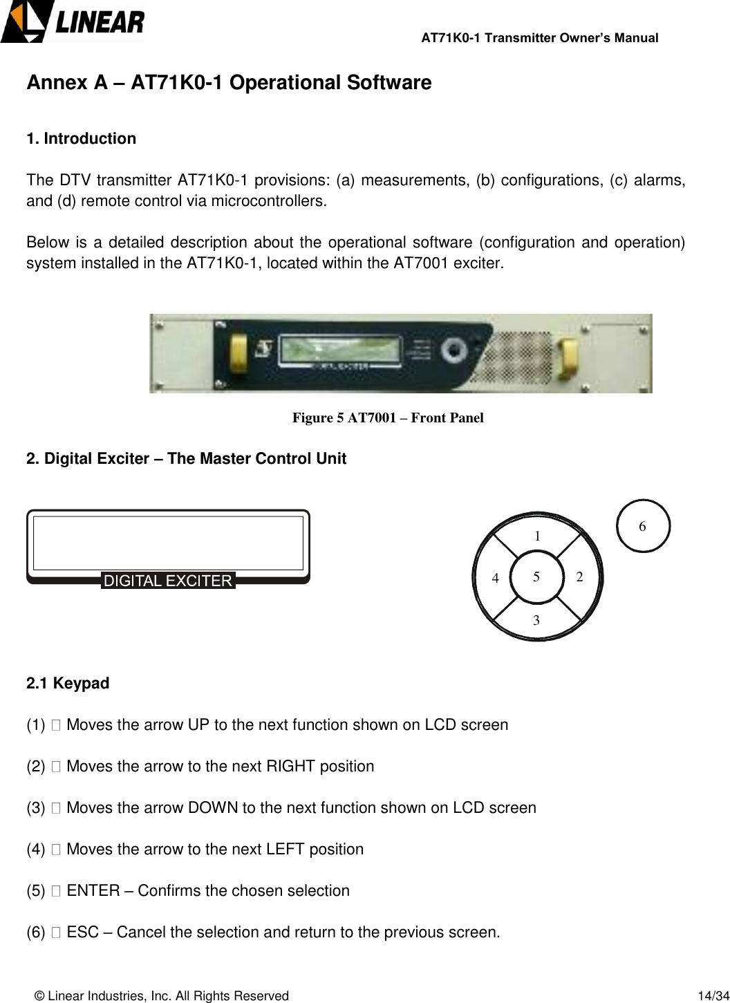                AT71K0-1 Transmitter Owner’s Manual   © Linear Industries, Inc. All Rights Reserved       14/34  Annex A – AT71K0-1 Operational Software  1. Introduction  The DTV transmitter AT71K0-1 provisions: (a) measurements, (b) configurations, (c) alarms, and (d) remote control via microcontrollers.   Below is a detailed description about the operational software (configuration and operation) system installed in the AT71K0-1, located within the AT7001 exciter.     Figure 5 AT7001 – Front Panel  2. Digital Exciter – The Master Control Unit        2.1 Keypad   (1)   Moves the arrow UP to the next function shown on LCD screen  (2)   Moves the arrow to the next RIGHT position  (3)   Moves the arrow DOWN to the next function shown on LCD screen  (4)   Moves the arrow to the next LEFT position  (5)   ENTER – Confirms the chosen selection  (6)   ESC – Cancel the selection and return to the previous screen.  1 2 3 4 5 6 