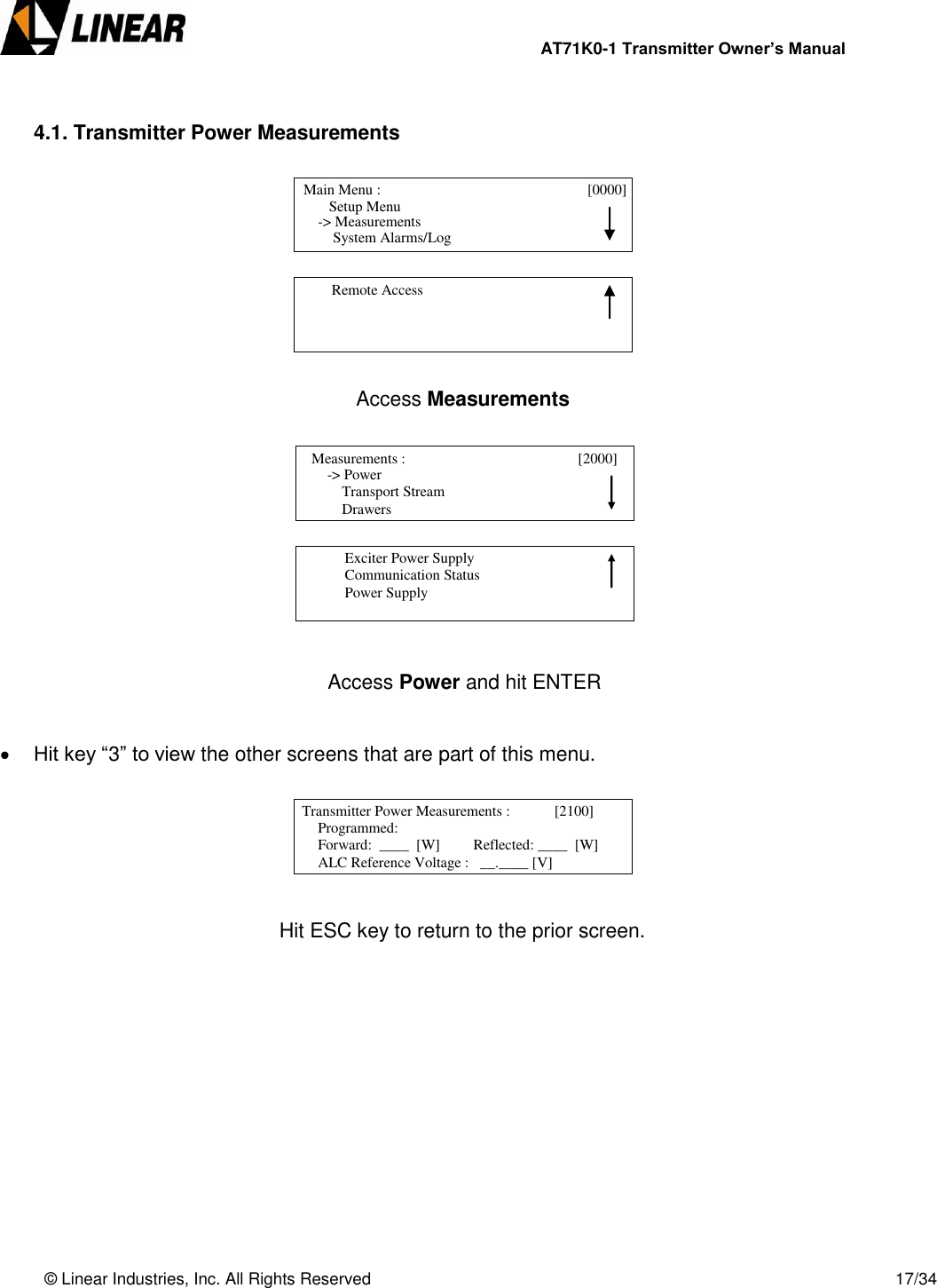                AT71K0-1 Transmitter Owner’s Manual   © Linear Industries, Inc. All Rights Reserved       17/34   4.1. Transmitter Power Measurements                                                                        Access Measurements                         Access Power and hit ENTER    Hit key “3” to view the other screens that are part of this menu.          Hit ESC key to return to the prior screen.              Main Menu :                                   [0000]                    Setup Menu                                System Alarms/Log -&gt; Measurements          Remote Access                                              -&gt; Power                  Transport Stream                  Drawers   Measurements :                                         [2000]                                                Exciter Power Supply            Communication Status            Power Supply                                 Transmitter Power Measurements :            [2100]                 Programmed:             Forward:  ____  [W]         Reflected: ____  [W]             ALC Reference Voltage :   __.____ [V]                            