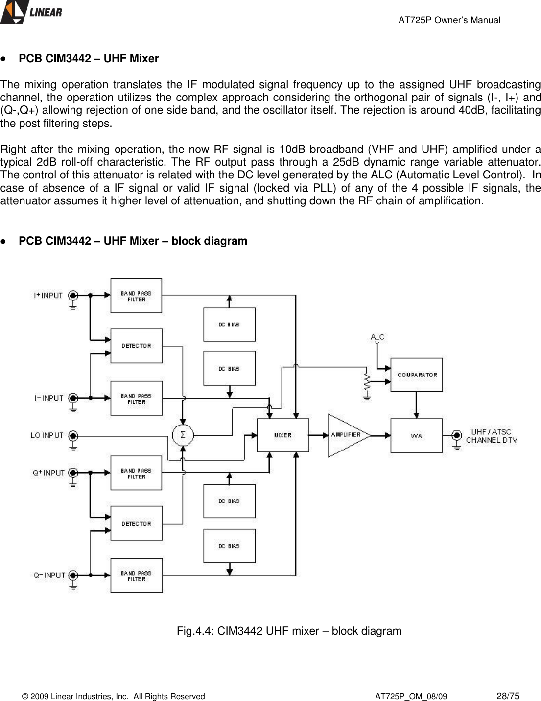                                                 AT725P Owner’s Manual    © 2009 Linear Industries, Inc.  All Rights Reserved                                                                          AT725P_OM_08/09                     28/75    PCB CIM3442 – UHF Mixer  The mixing operation translates the IF modulated  signal frequency  up to  the  assigned UHF broadcasting channel, the operation utilizes the complex approach considering the orthogonal pair of signals (I-, I+) and (Q-,Q+) allowing rejection of one side band, and the oscillator itself. The rejection is around 40dB, facilitating the post filtering steps.   Right after the mixing operation, the now RF signal is 10dB broadband (VHF and UHF) amplified under a typical 2dB roll-off characteristic. The RF output pass through a  25dB dynamic range  variable attenuator. The control of this attenuator is related with the DC level generated by the ALC (Automatic Level Control).  In case of absence of a IF signal or valid IF signal (locked via PLL) of any of the 4 possible IF signals, the attenuator assumes it higher level of attenuation, and shutting down the RF chain of amplification.    PCB CIM3442 – UHF Mixer – block diagram      Fig.4.4: CIM3442 UHF mixer – block diagram    