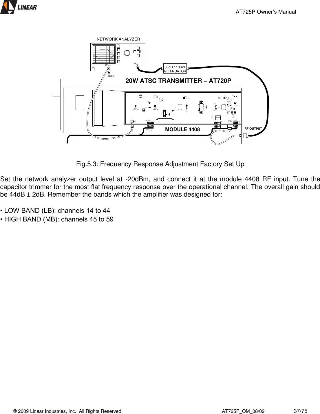                                                 AT725P Owner’s Manual    © 2009 Linear Industries, Inc.  All Rights Reserved                                                                          AT725P_OM_08/09                     37/75   T2C32R28TPO-4REFADJ TPO-5FWDADJ123456781234567812345CON-1 CON-2CON-3CON-4RF OUTCON-5T4R17.1458CI-3.1458.1458CI-4CI-6MODULE 440820W ATSC TRANSMITTER –AT720PRF OUTPUT.1458CI-5S1LED 2LED 1R29FWREF+15VTEMP+30VC33H1C42 C43T3C54C68C67H2TPO-3T3 VGS ADJTPO-2T2 VGS ADJC17C15.1458CI-7.1458CI-8 D3D2TPO-1T1 VGS ADJT1R9R10RFINRFOUTNETWORK ANALYZER30dB / 100WATTENUATOR-20dBm  Fig.5.3: Frequency Response Adjustment Factory Set Up  Set  the network analyzer  output  level at  -20dBm, and connect it at the module  4408 RF input. Tune the capacitor trimmer for the most flat frequency response over the operational channel. The overall gain should be 44dB ± 2dB. Remember the bands which the amplifier was designed for:   • LOW BAND (LB): channels 14 to 44  • HIGH BAND (MB): channels 45 to 59                         