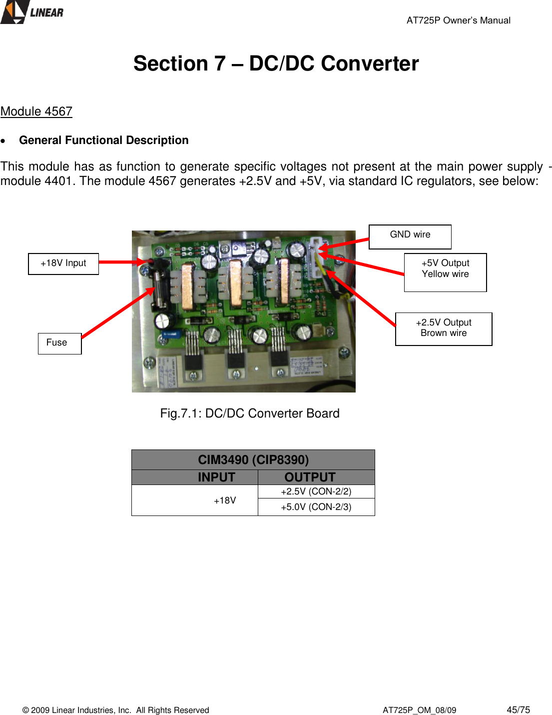                                                 AT725P Owner’s Manual    © 2009 Linear Industries, Inc.  All Rights Reserved                                                                          AT725P_OM_08/09                     45/75   Section 7 – DC/DC Converter   Module 4567   General Functional Description This module has as function to generate specific voltages not present at the main power supply - module 4401. The module 4567 generates +2.5V and +5V, via standard IC regulators, see below:                                                                                           Fig.7.1: DC/DC Converter Board   CIM3490 (CIP8390) INPUT       OUTPUT +18V +2.5V (CON-2/2) +5.0V (CON-2/3)              Fuse +2.5V Output Brown wire +5V Output Yellow wire +18V Input GND wire 