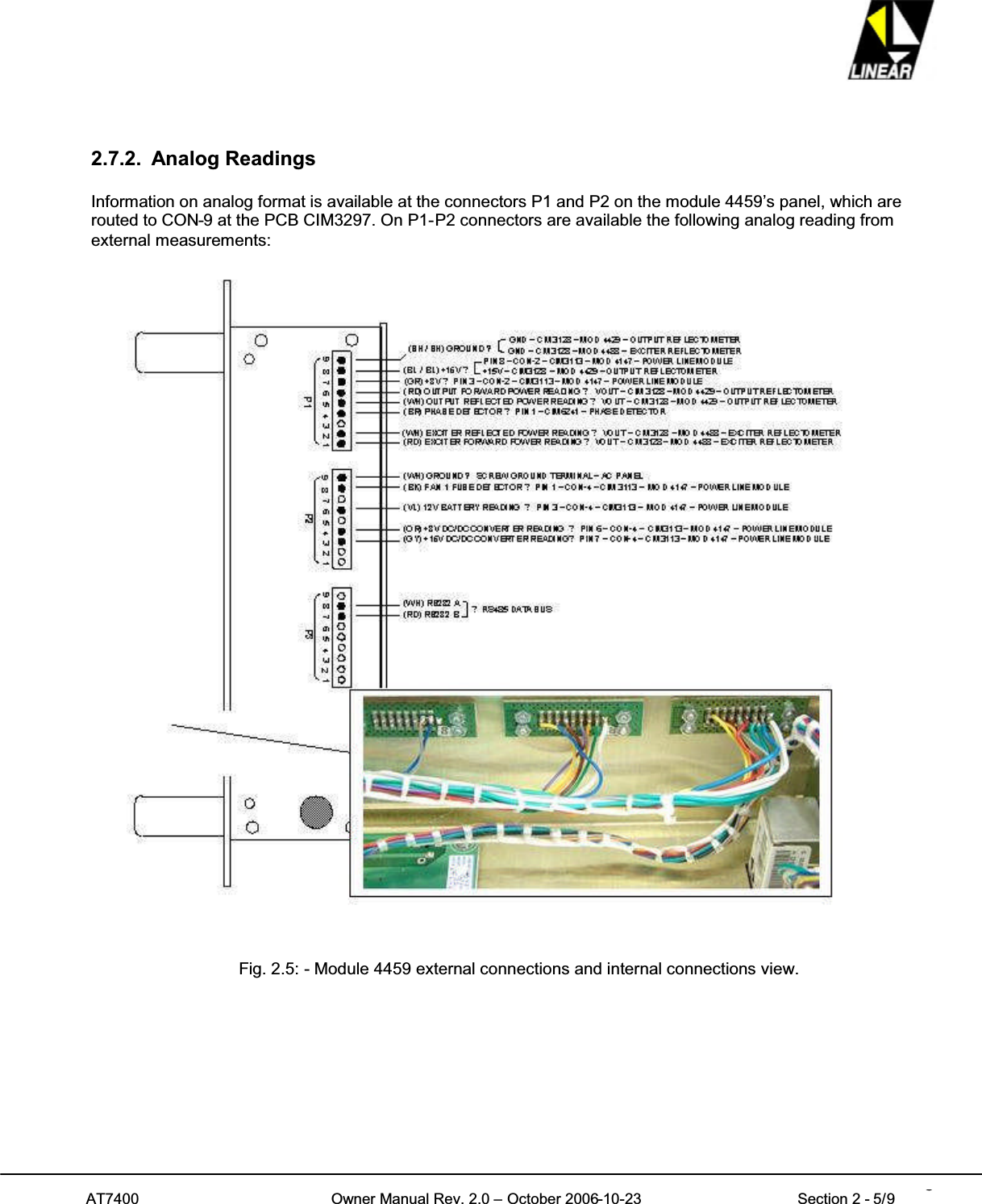 AT7400 Owner Manual Rev. 2.0 – October 2006-10-23 Section 2 - 5/9 52.7.2. Analog ReadingsInformation on analog format is available at the connectors P1 and P2 on the module 4459’s panel, which arerouted to CON-9 at the PCB CIM3297. On P1-P2 connectors are available the following analog reading fromexternal measurements:Fig. 2.5: - Module 4459 external connections and internal connections view.