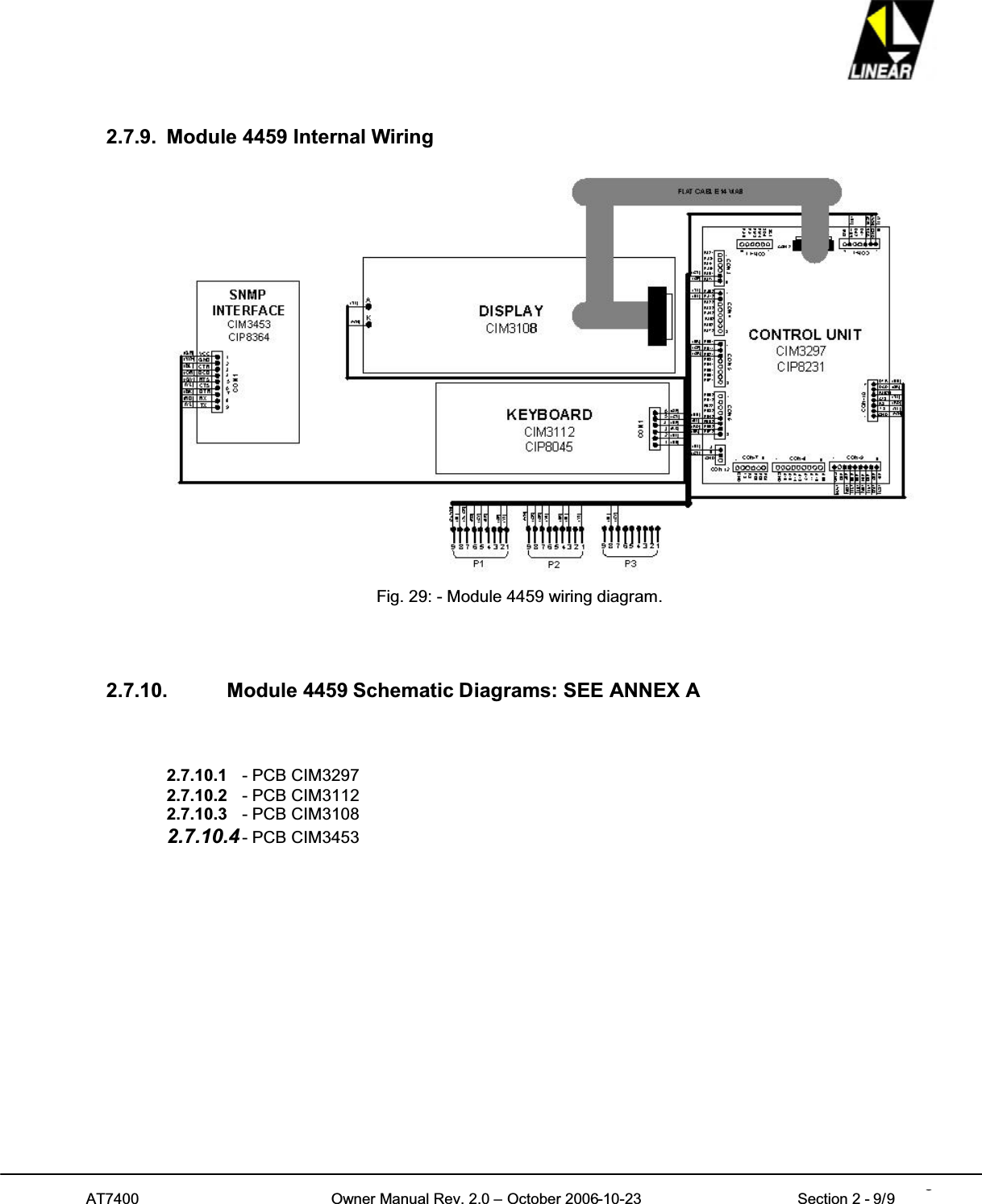 AT7400 Owner Manual Rev. 2.0 – October 2006-10-23 Section 2 - 9/9 92.7.9. Module 4459 Internal WiringFig. 29: - Module 4459 wiring diagram.2.7.10. Module 4459 Schematic Diagrams: SEE ANNEX A2.7.10.1 - PCB CIM32972.7.10.2 - PCB CIM31122.7.10.3 - PCB CIM31082.7.10.4 - PCB CIM3453