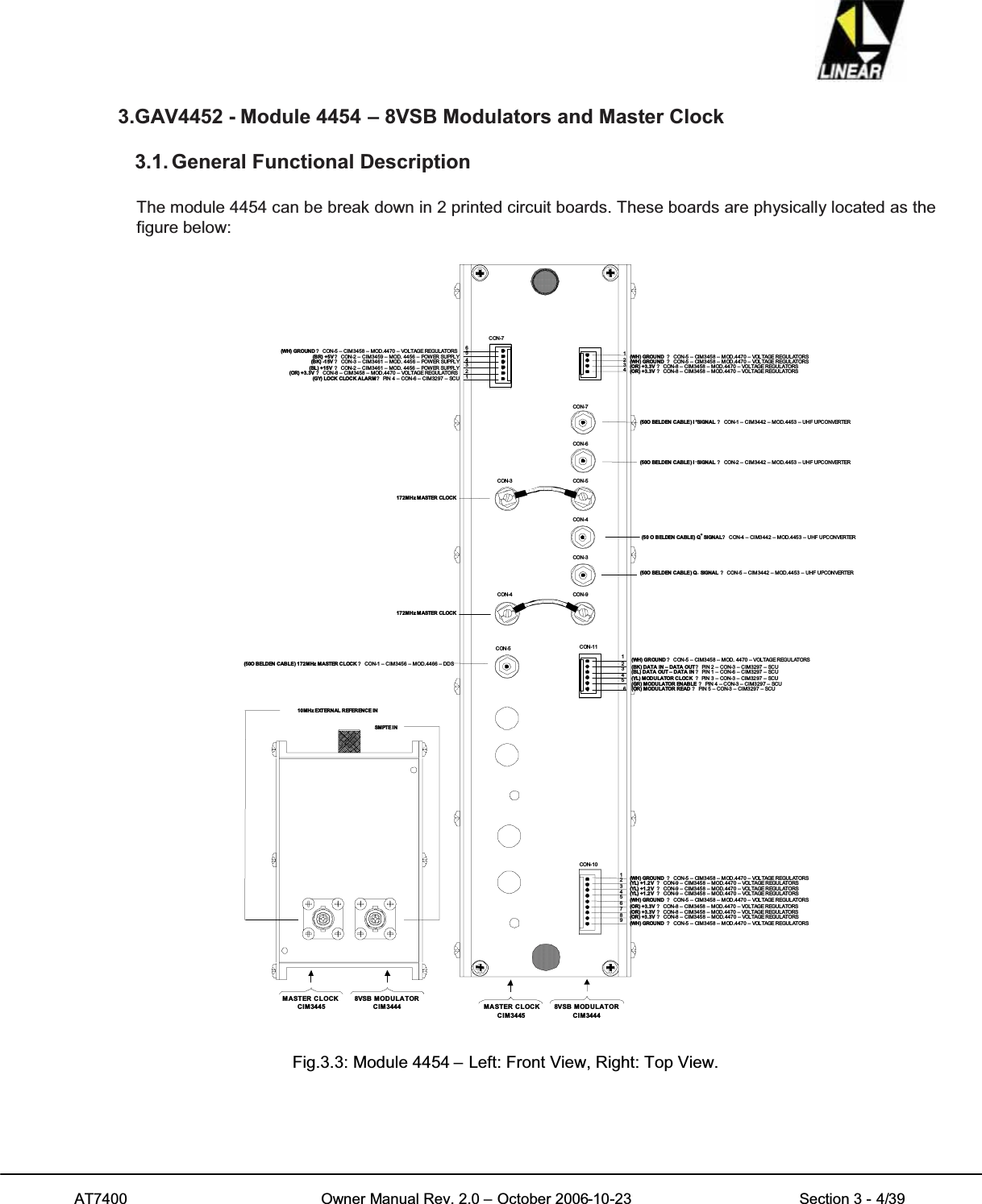 AT7400 Owner Manual Rev. 2.0 – October 2006-10-23 Section 3 - 4/393.GAV4452 - Module 4454 – 8VSB Modulators and Master Clock3.1. General Functional DescriptionThe module 4454 can be break down in 2 printed circuit boards. These boards are physically located as thefigure below:(YL) MODULATOR CLOCK ? PIN3–CON-3–CIM3297–SCU123456(BK) DATA IN – DATA OUT ? PIN2–CON-3–CIM3297–SCU(BL) DATA OUT – DATA IN ? PIN1–CON-6–CIM3297–SCU(GR) MODULATOR ENABLE ? PIN4–CON-3–CIM3297–SCU(OR) M ODU LATOR READ ? PIN5–CON-3–CIM3297–SCU(OR) + 3.3V ? CON-8 – CIM 3458 – MOD.44 70 – VOLTAGE REGULATORS56789(WH) GROUND ? C ON-5 – CIM 345 8 – MOD.44 7 0 – VOL TAGE REGU LATOR S(OR) + 3.3V ? CON-8 – CIM 3458 – MOD.44 70 – VOLTAGE REGULATORS(OR) +3.3V ? CON-8 – CIM3458 – MOD.4470 – VOLTAGEREGULATORS(WH) GROUND ? C ON-5 – CIM 345 8 – MOD.44 7 0 – VOL TAGE REGU LATOR S(WH) GROUND ? C ON-5 – CIM 345 8 – MOD.44 7 0 – VOL TAGE REGU LATOR S1234(YL) +1 . 2 V ? CON-9 – CIM3458 – MOD.4470 – VOLTAGEREGULATORS(YL) +1 . 2 V ? CON-9 – CIM3458 – MOD.4470 – VOLTAGEREGULATORS(YL) +1 . 2 V ? CON-9 – CIM3458 – MOD.4470 – VOLTAGEREGULATORSCON-10CON-11216543(BK) -1 5V ? CON-3 – CIM3461 – MOD. 4456 – POWER SUPPL Y(WH) GROUND ? CON-5–CIM3458–MOD.4470–VOLTAGEREGULATORS(BR) +5 V ? CON-2–CIM3459–MOD.4456–POWERSUPPLY(BL) + 15 V ? CON-2–CIM3461–MOD.4456–POWERSUPPLY(OR) +3.3V ? CON-8–CIM3458–MOD.4470–VOLTAGEREGULATORS(GY) LOCK CLOCK A LAR M ? PIN4–CON-6–CIM3297–SCUCON-7CON-7CON-6CON-5172MH z MASTER CLOCKCON-5CON-3(50O BELDEN CABLE) I +SIGN AL ? CON-1 – CIM34 42 – M OD.4453 – UHF UPCONVERTER(50O BELDEN CABLE) I –SI GNA L ? CON-2 – CIM3442 – MOD.44 53 – UH F UPCONVERTER(50 O BELDEN CA BLE) Q+SIGNAL? CON-4–CIM3442–MOD.4453–UHFUPCONVERTER(50O BELDEN CABLE) Q–SIGNAL ? CON-5 – CIM3442 – MOD.4453 – UHF UPCONVERTER(50O BELDEN CABLE) 172MHz MASTER CLOCK ? CON-1 – CIM3456 – MOD.4466 – DDS172MH z MASTER CLOCKMA STER CLOCKCIM34458VSB MODULATORCIM3444SMPTE IN1 0 M H z EXT ER N AL R EFE R ENC E I NMASTER CLOCKCIM34458VSB MODULATORCIM3444CON-4CON-3CON-9CON-4(WH) GROUND ? CON-5–CIM3458–MOD.4470–VOLTAGEREGULATORS1234(WH) GROUND ? C ON-5 – CIM 345 8 – MOD.44 7 0 – VOL TAGE REGU LATOR S(WH) GROUND ? C ON-5 – CIM 345 8 – MOD.44 7 0 – VOL TAGE REGU LATOR S(OR) + 3.3V ? CON-8 – CIM 3458 – MOD.44 70 – VOLTAGE REGULATORS(OR) + 3.3V ? CON-8 – CIM 3458 – MOD.44 70 – VOLTAGE REGULATORSFig.3.3: Module 4454 – Left: Front View, Right: Top View.